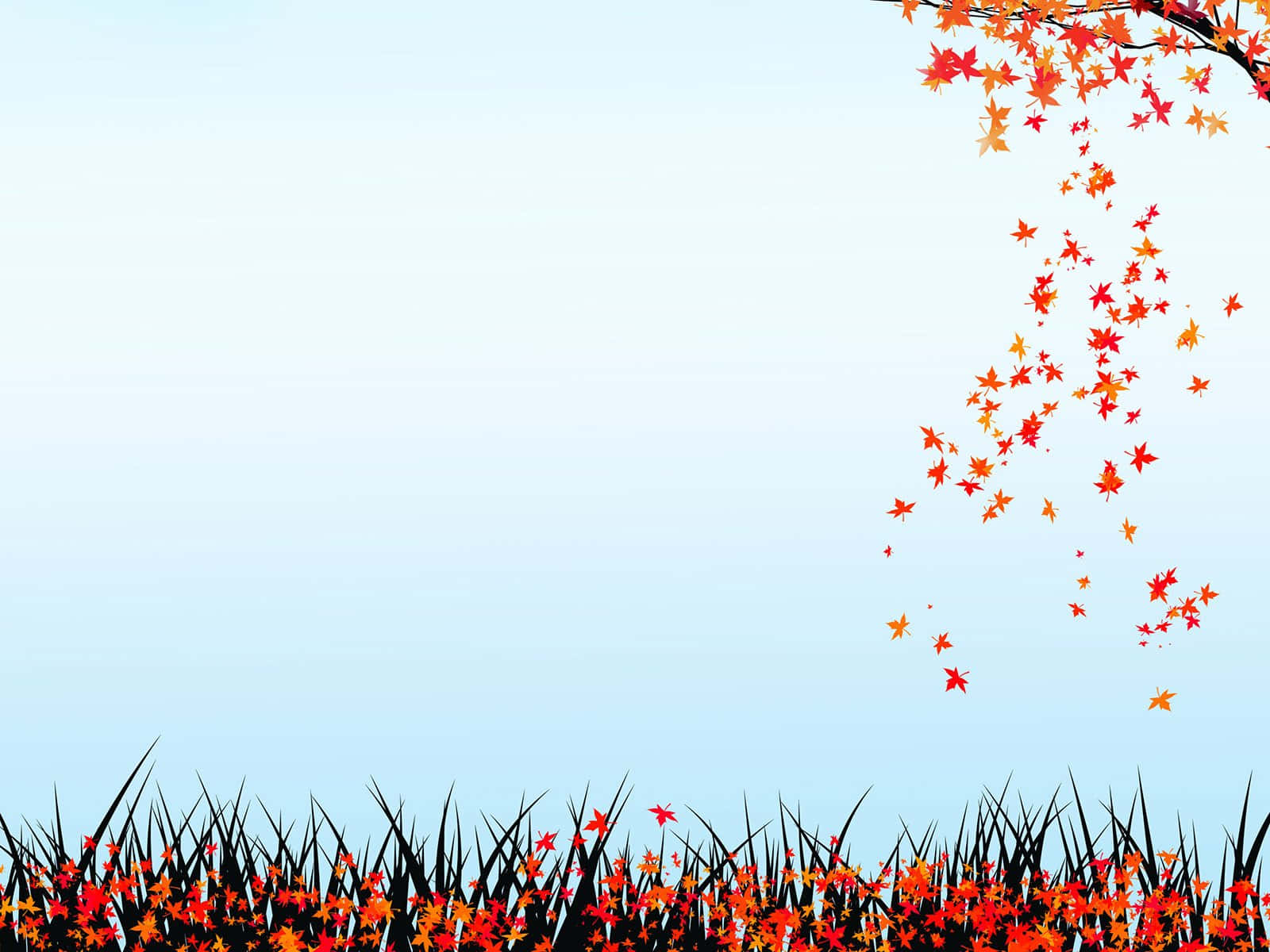 Powerpoint 桌布 壁紙 — 鮮豔的紅色和橙色楓葉從樹枝上傾瀉而下，映襯著深色草地上方柔和的藍天。
