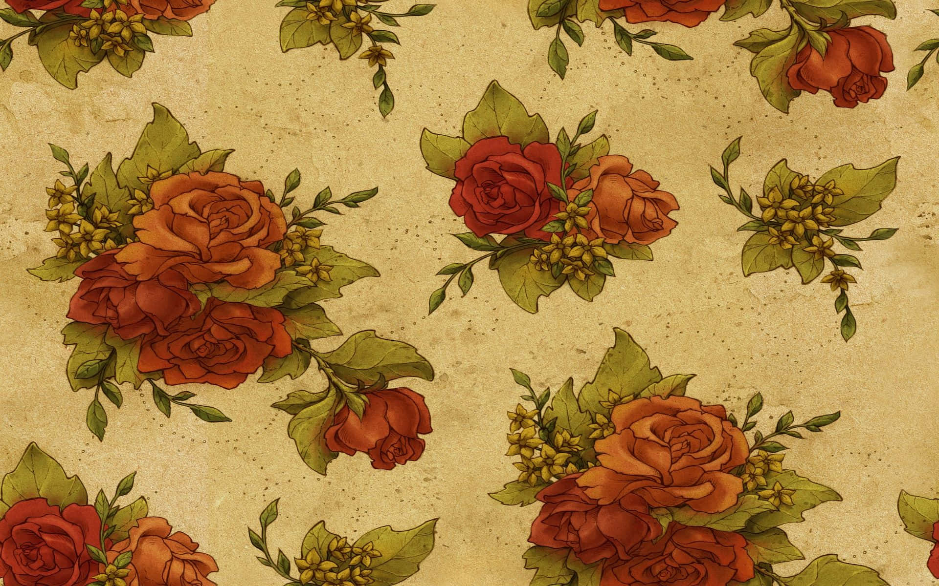Rose Pattern 桌布 壁紙 — 鮮豔的紅色和橙色玫瑰，搭配綠色葉子和黃色花朵，在帶有紋理的米色背景上重複出現。