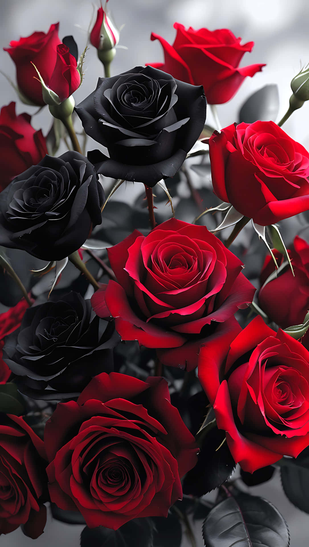 Lovely Black and Red Rose Mix – Elegant Flower Wallpaper for Love 壁紙 — 鮮豔的紅色和深黑色玫瑰一起盛開，帶有光澤的花瓣和多刺的莖，背景是柔和的灰色。