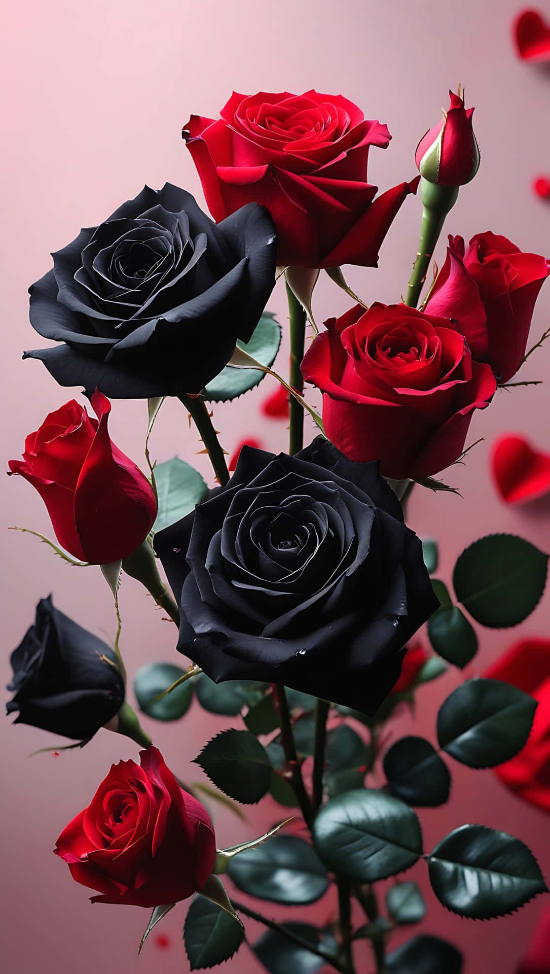 Lovely Black and Red Rose Mix – Elegant Flower Wallpaper for Love 壁紙 — 鮮豔的紅色和深黑色玫瑰在柔和的粉紅色背景上與茂盛的綠葉一起盛開。