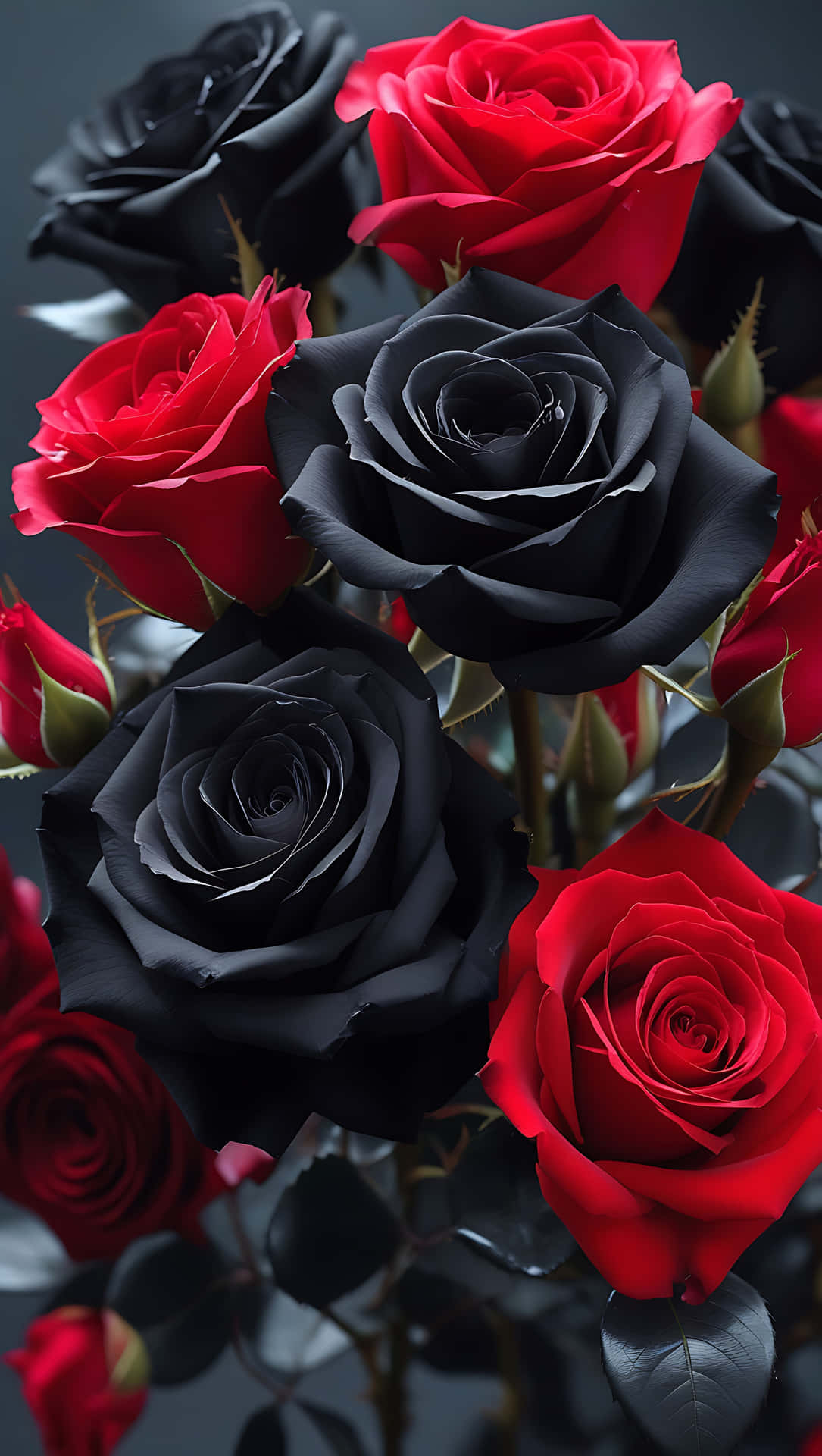 Lovely Black and Red Rose Mix – Elegant Flower Wallpaper for Love 壁紙 — 鮮豔的紅色和深黑色玫瑰在深灰色背景下，與光澤葉片一起在茂密的特寫中綻放。