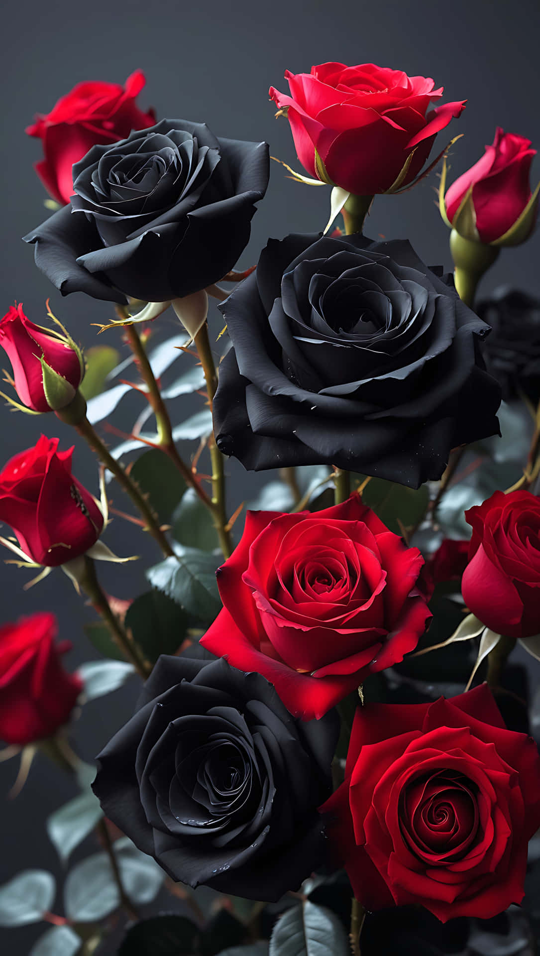 Lovely Black and Red Rose Mix – Elegant Flower Wallpaper for Love 壁紙 — 鮮豔的紅色和深黑色玫瑰在深灰色背景上一起綻放，葉子有光澤，莖上有刺。