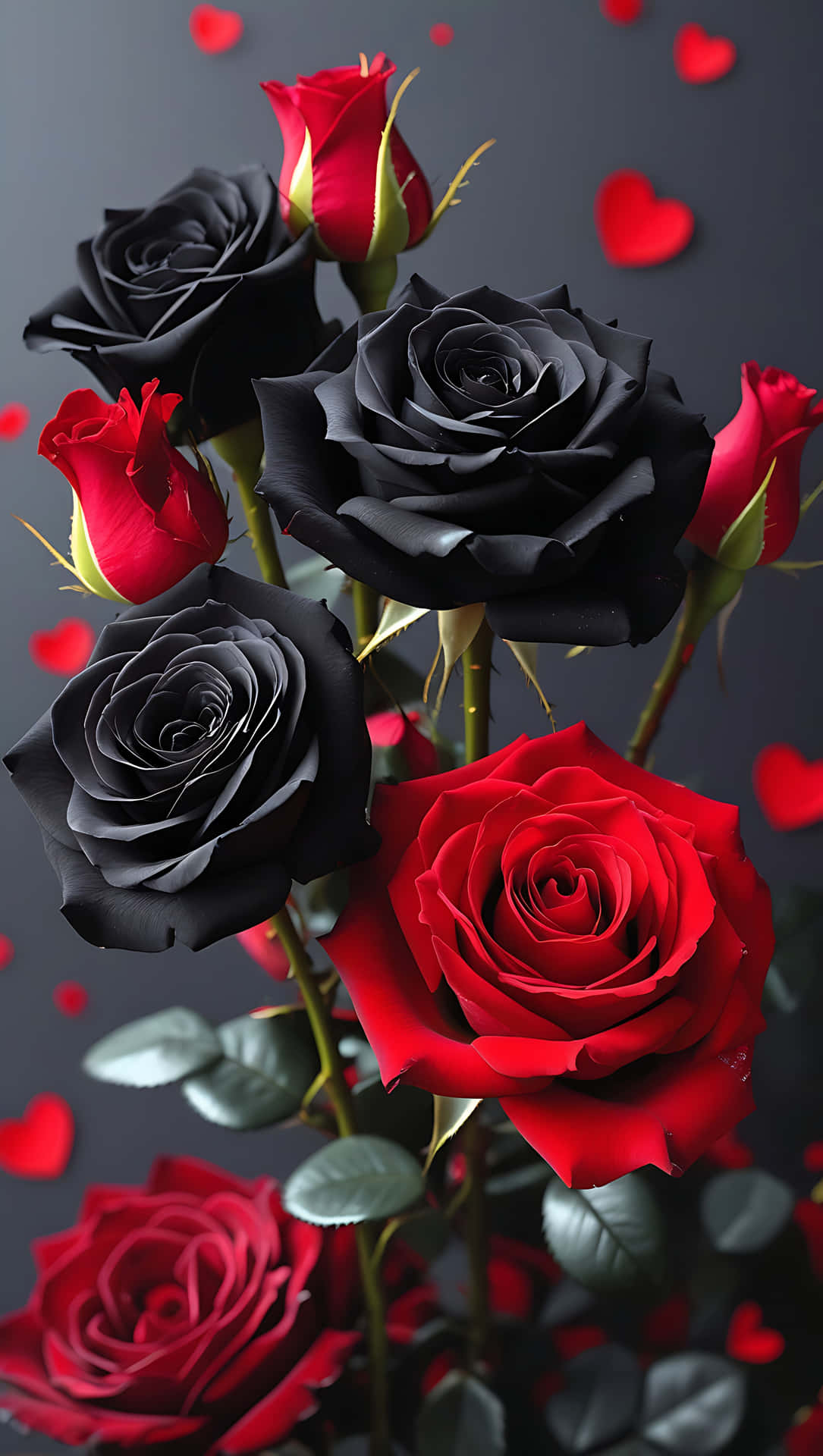 Lovely Black and Red Rose Mix – Elegant Flower Wallpaper for Love 壁紙 — 鮮豔的紅色和深黑色玫瑰在深灰色背景上與散落的紅色心形一起盛開。