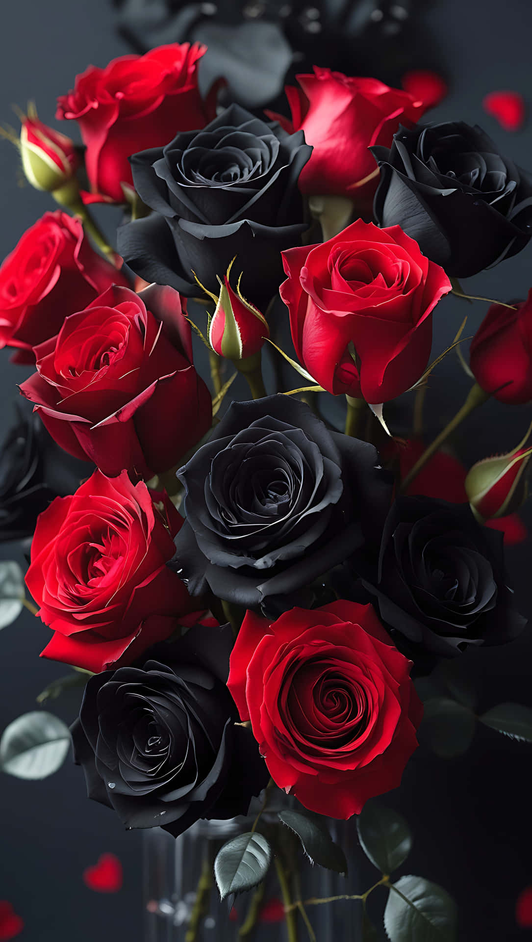 Lovely Black and Red Rose Mix – Elegant Flower Wallpaper for Love 壁紙 — 鮮豔的紅色和深黑色玫瑰在陰暗的背景中一起盛開，形成茂盛的花束。