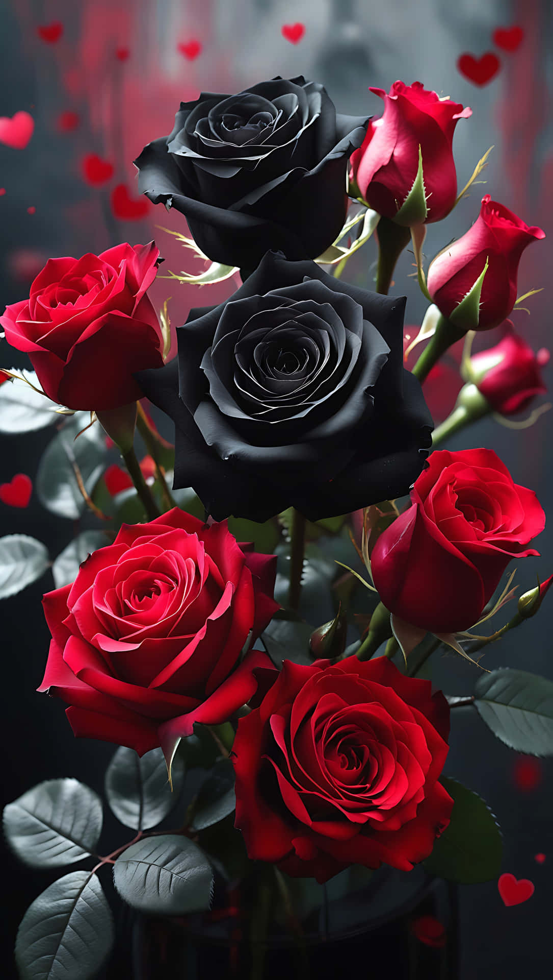 Lovely Black and Red Rose Mix – Elegant Flower Wallpaper for Love 壁紙 — 鮮豔的紅色和深黑色玫瑰與漂浮的心形一起在陰暗的深色背景上綻放。