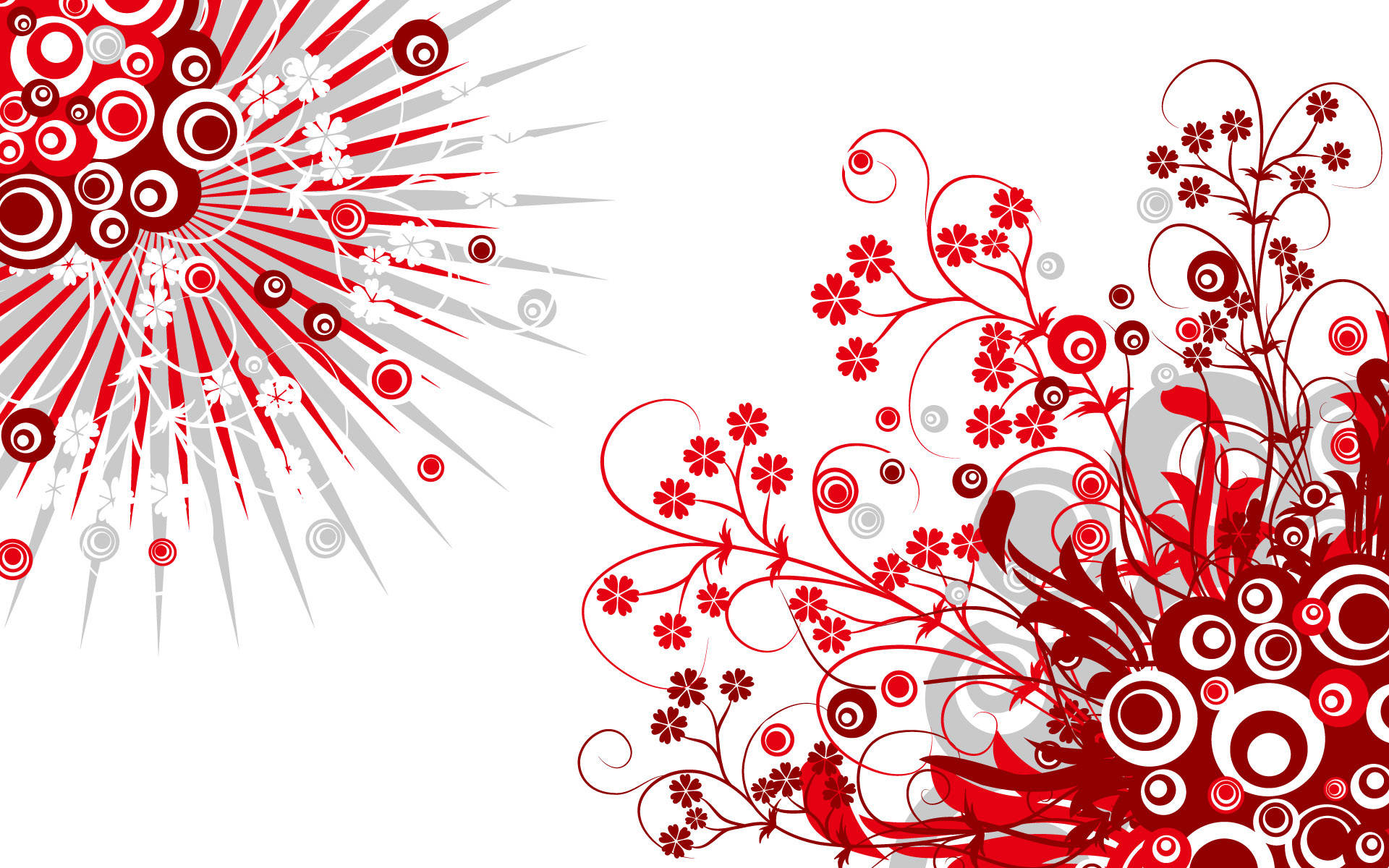 Red And White 桌布 壁紙 — 鮮豔的紅色和白色抽象花卉漩渦從角落綻放，襯托在潔淨的白色背景上。