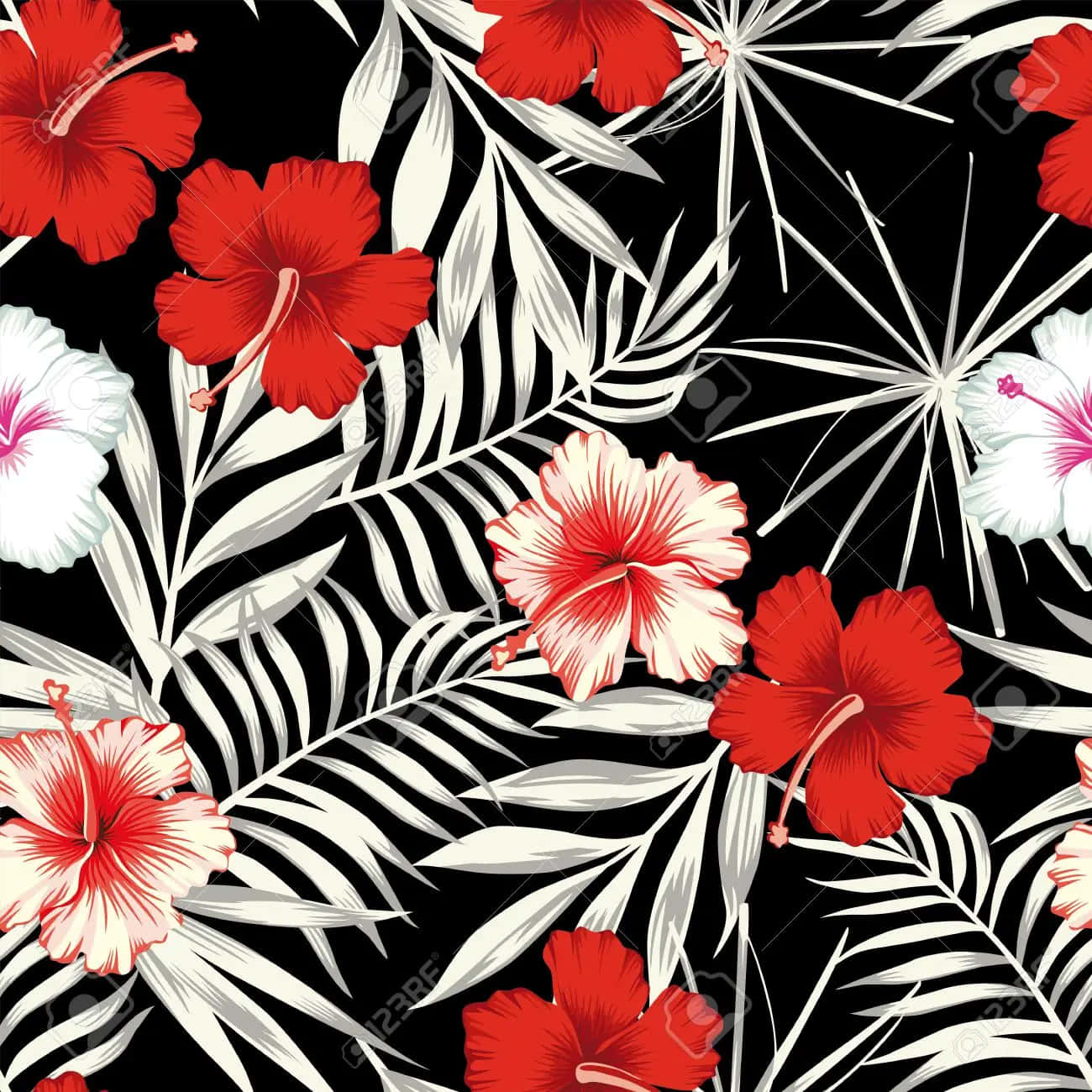 Red White And Black Abstract 桌布 壁紙 — 鮮豔的紅色和白色芙蓉花及熱帶葉子在純黑色背景上以重複圖案形成鮮明對比。
