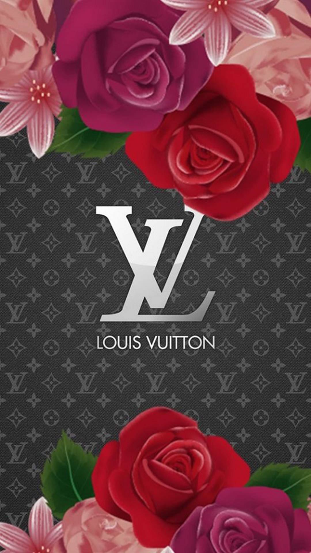 奢華花卉壁紙，在Louis Vuitton monogram背景上飾有紅色和粉紅色玫瑰。