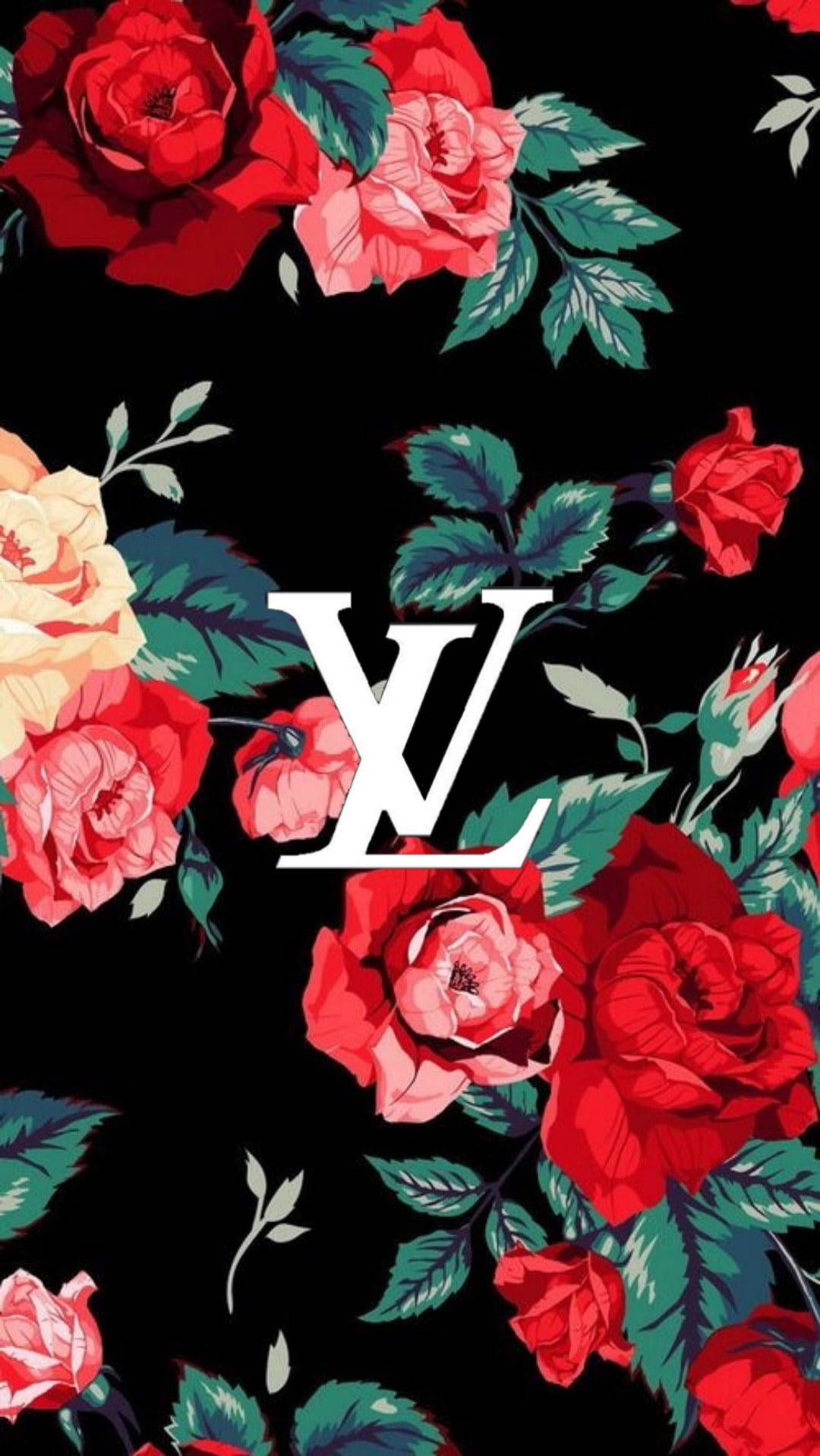 黑色背景上有紅色粉紅色玫瑰和白色Louis Vuitton標誌。