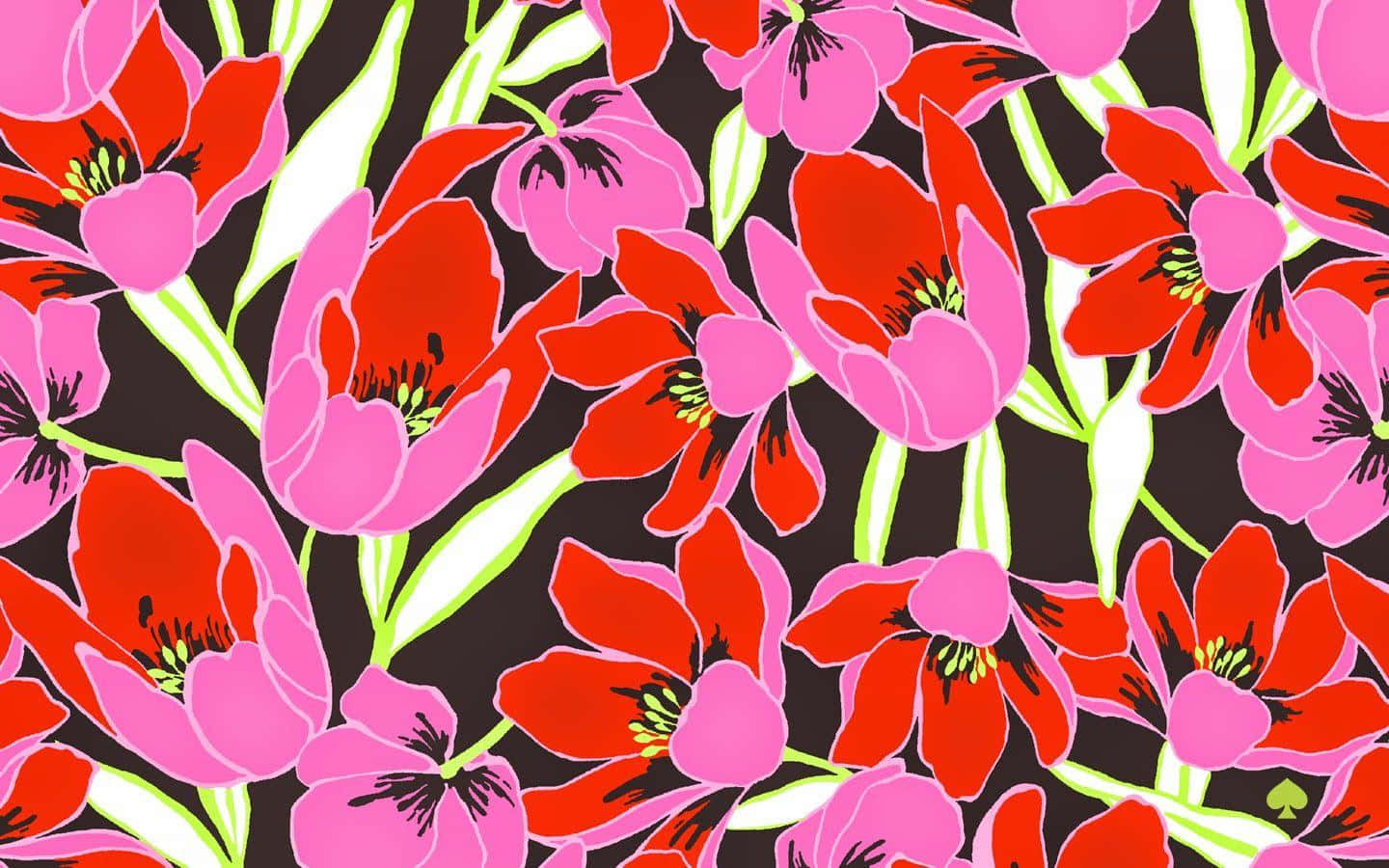 Kate Spade 桌布 壁紙 — 鮮豔的紅色和粉紅色鬱金香，帶有螢光綠色莖，在深棕色背景上以大膽的圖案綻放。