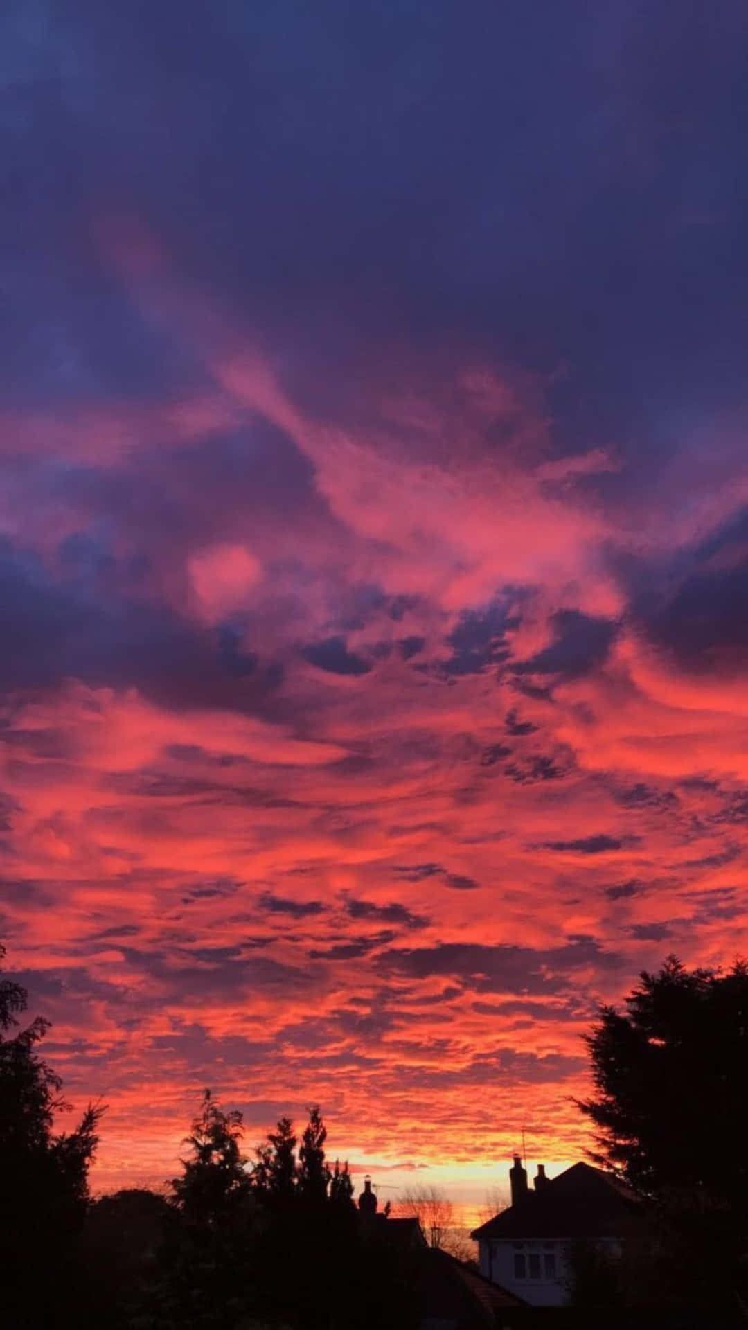 Clouds Aesthetics 桌布 壁紙 — 鮮豔的紅色和紫色雲彩在暮色天空中劃過，下方是剪影般的屋頂和樹木。