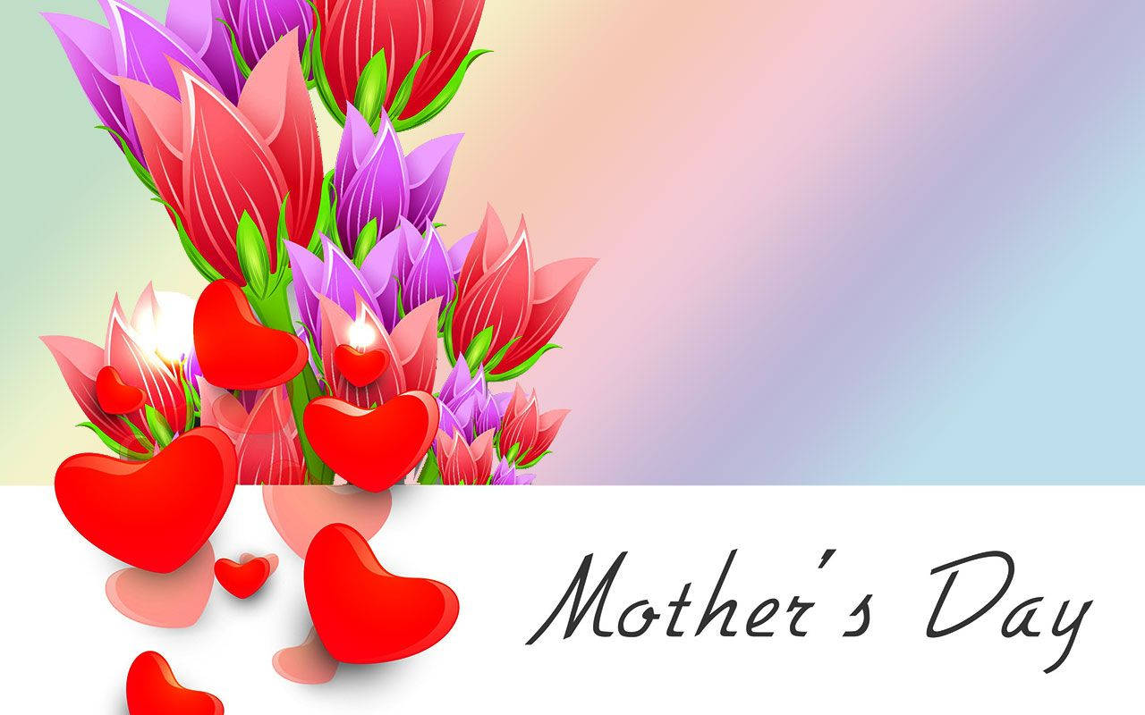 Mothers Day 桌布 壁紙 — 鮮豔的紅色和紫色鬱金香和心形圖案在柔和的粉彩漸變背景上傾瀉而下，帶有「母親節」文字。