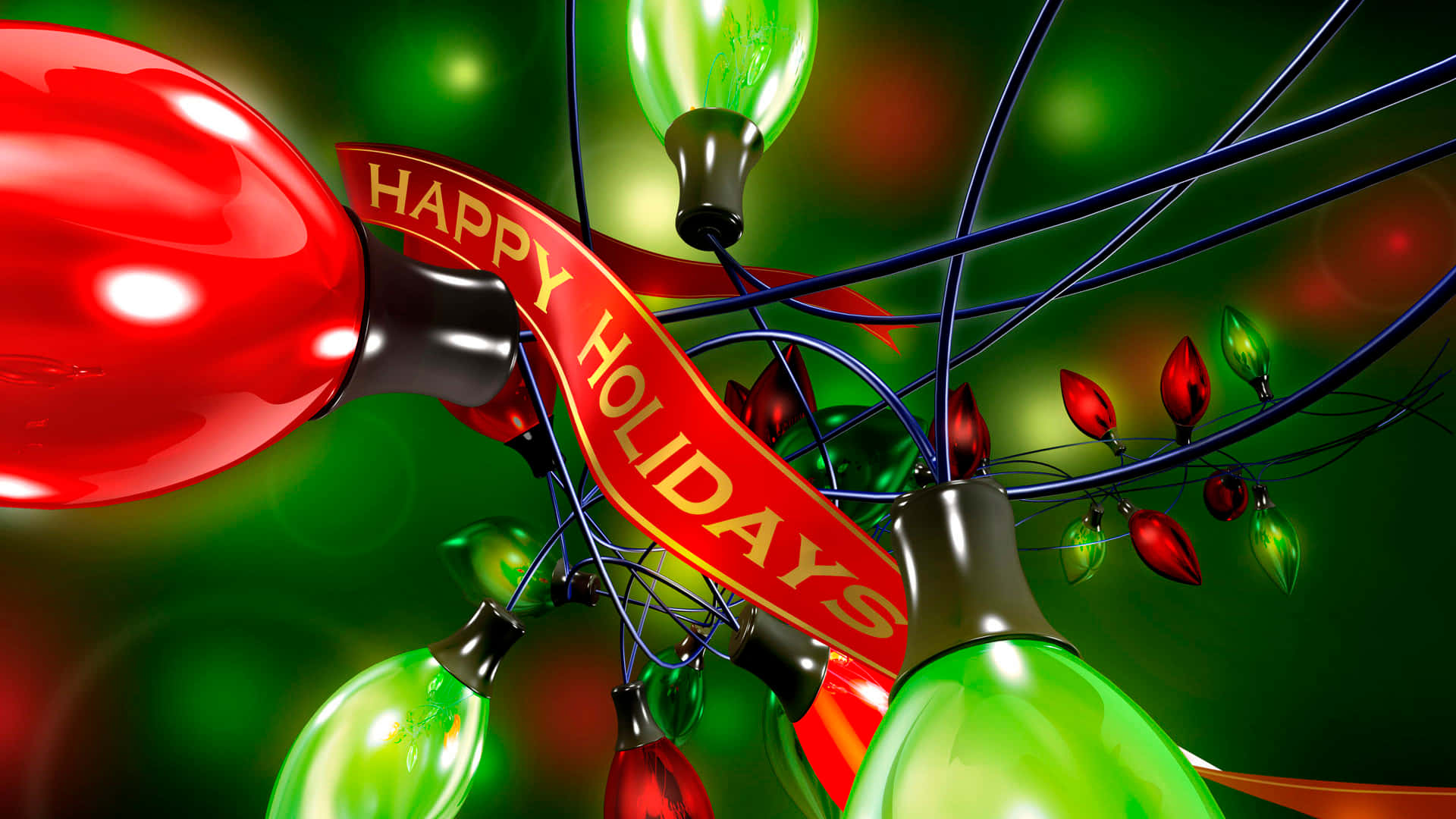 聖誕燈飾 桌布 壁紙 — 鮮豔的紅色和綠色節日燈飾與節日「HAPPY HOLIDAYS」絲帶交織在一起，背景是模糊的散景。
