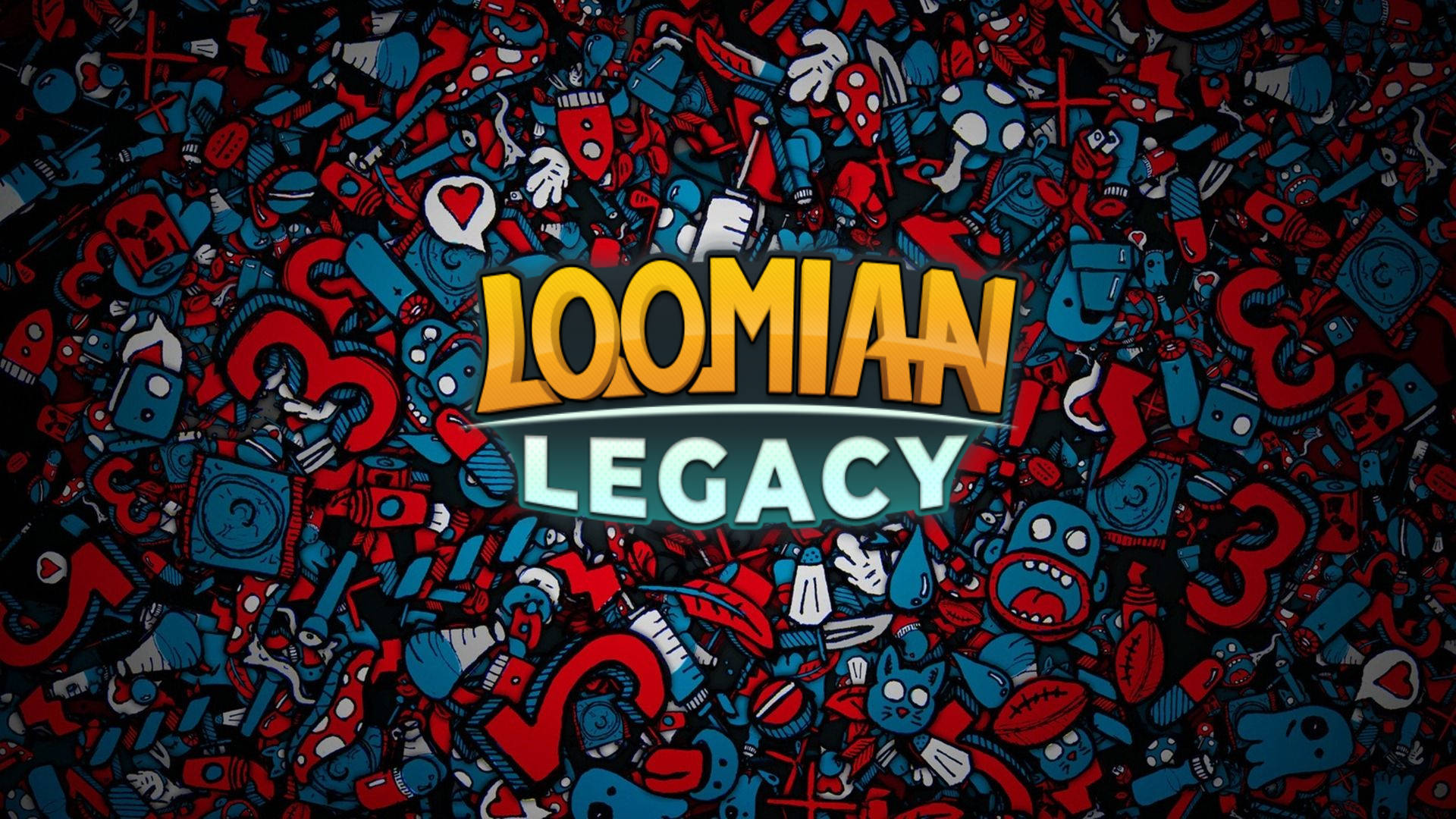 loomian legacy 桌布 壁紙 — 鮮豔的紅色和藍色卡通角色簇擁在粗體黃色和藍綠色的「LOOMIAN LEGACY」文字周圍。