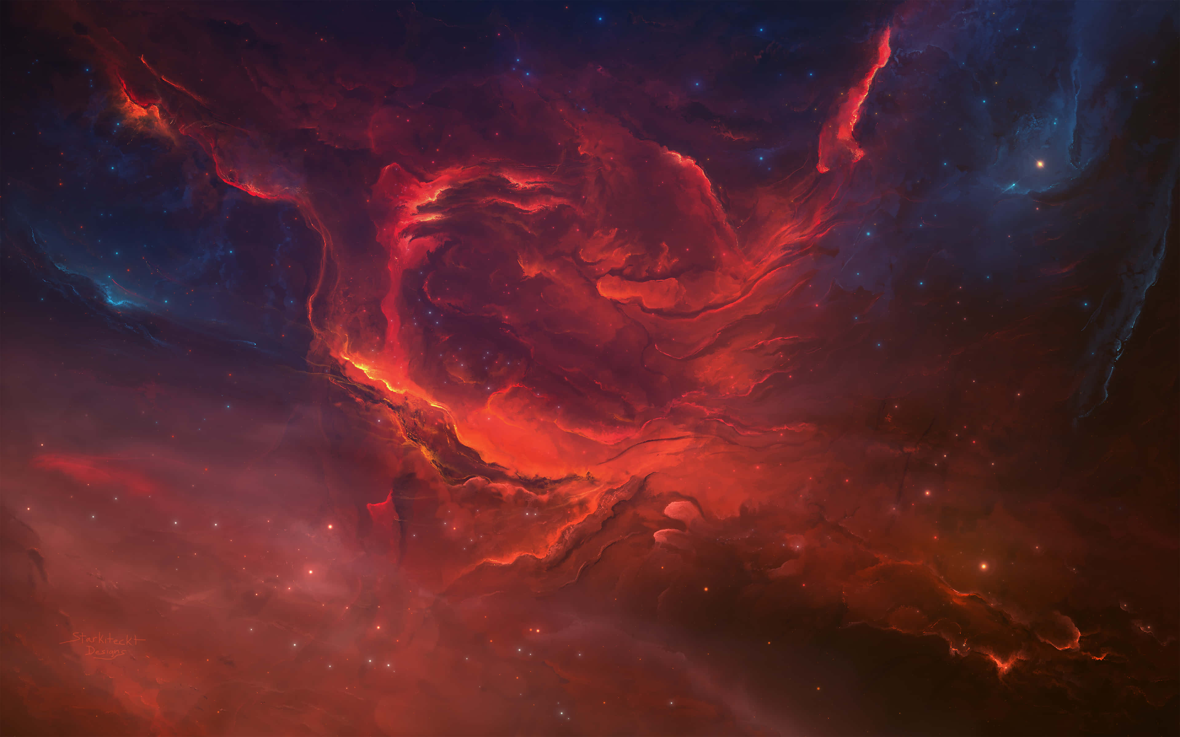 Red And Orange 桌布 壁紙 — 鮮豔的紅色和藍色宇宙雲層在戲劇性的星雲場景中與發光的星星旋轉。