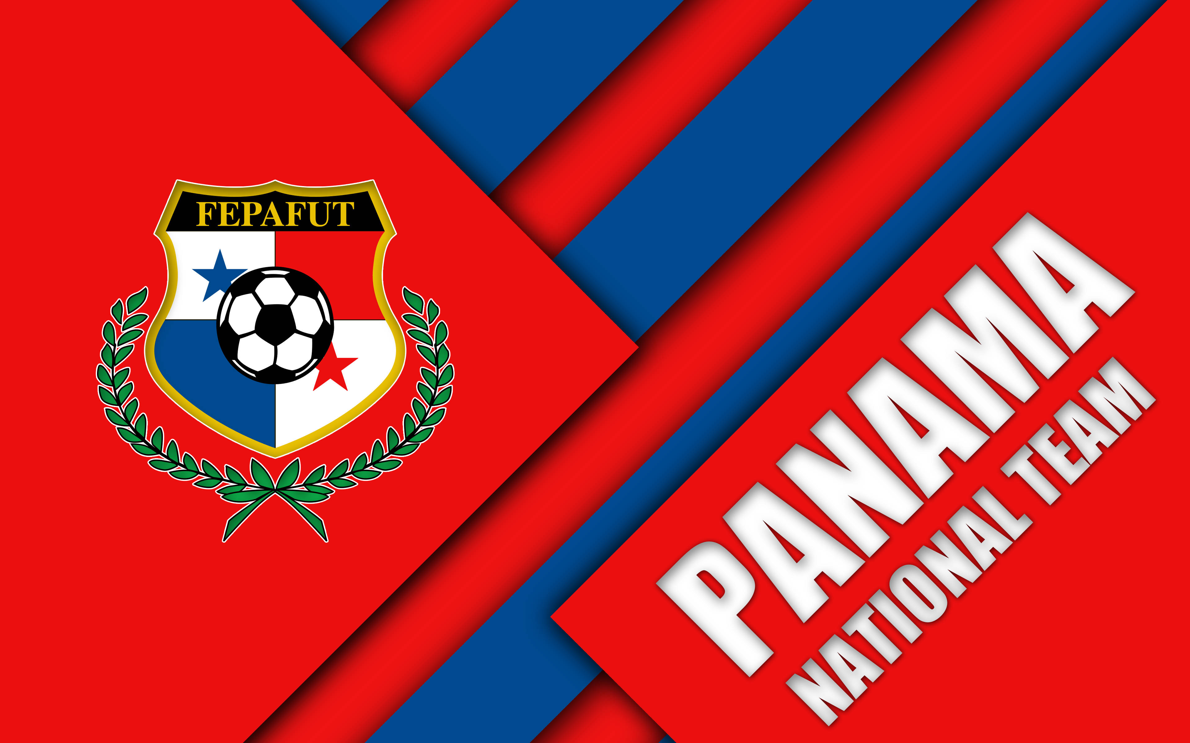 Panama 桌布 壁紙 — 鮮豔的紅色和藍色對角線條紋框住帶有足球和月桂花環的巴拿馬國家隊徽章。