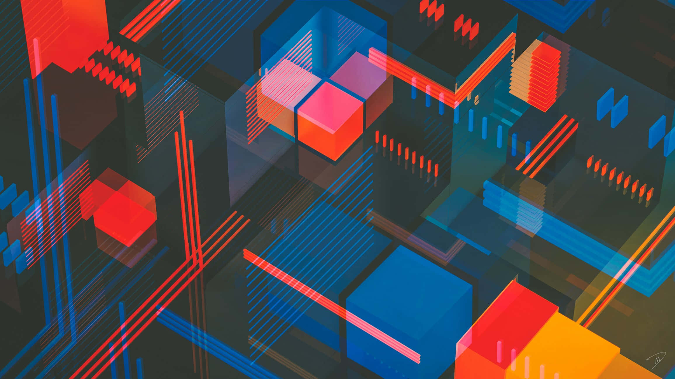 Minimalist Abstract 桌布 壁紙 — 鮮豔的紅色和藍色幾何形狀漂浮在數位抽象空間中，帶有發光線條和半透明立方體。