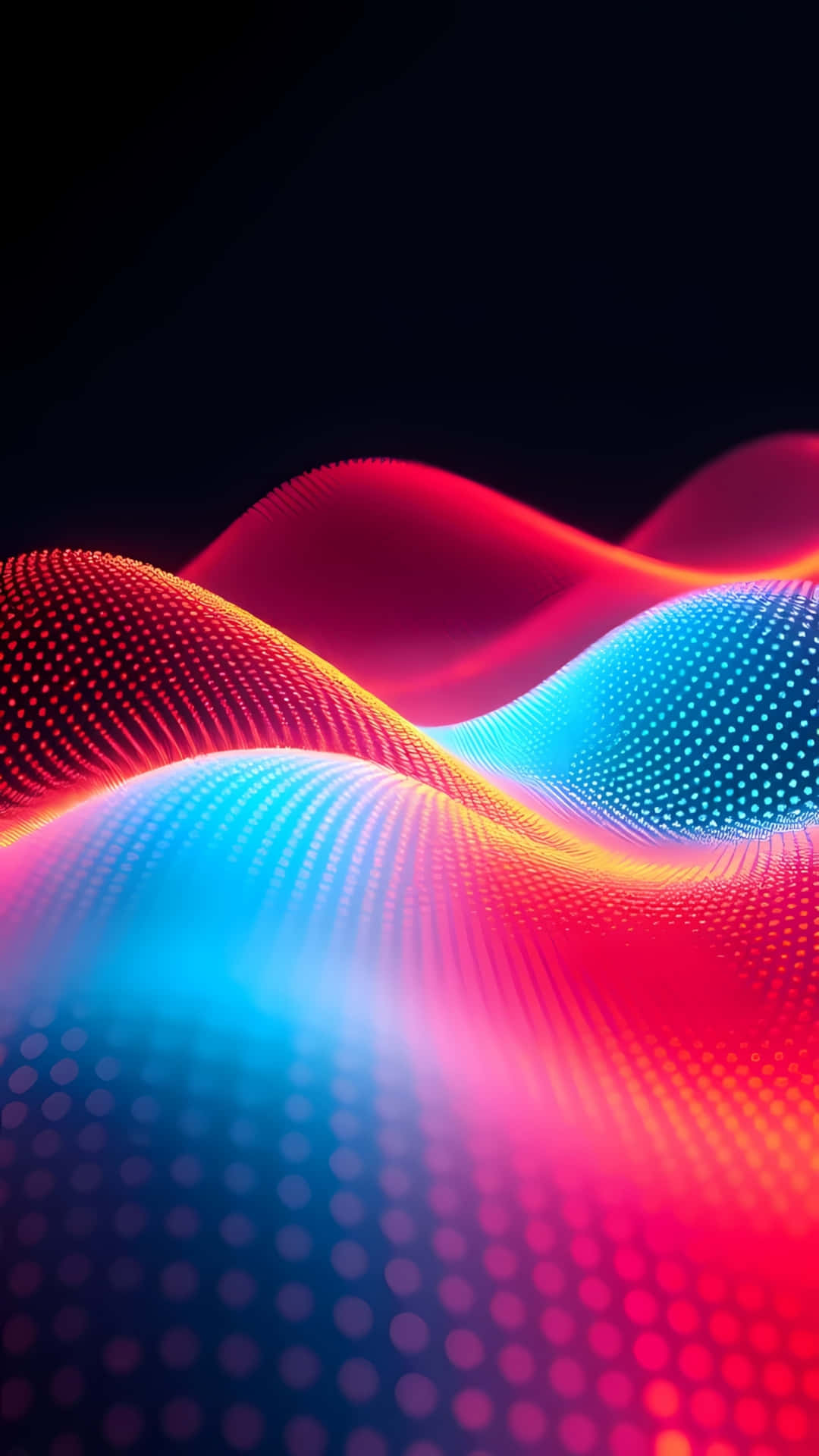 Colorful Abstract Wave with Glowing Dots 壁紙 — 鮮豔的紅色和藍色波形在由發光點組成的深色背景上漣漪。