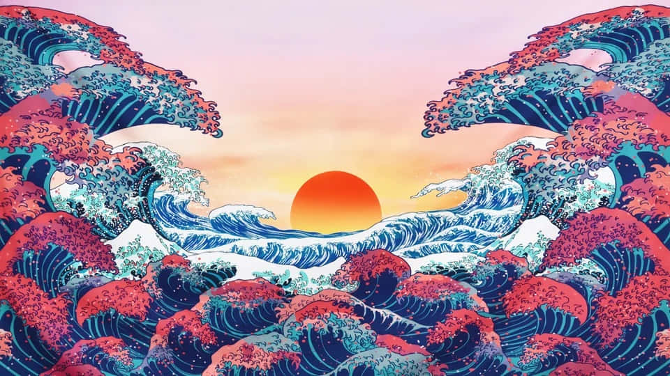 藝術 桌布 壁紙 — 鮮豔的紅色和藍色波浪在柔和的粉紅色天空下向著發光的橙色太陽洶湧澎湃。