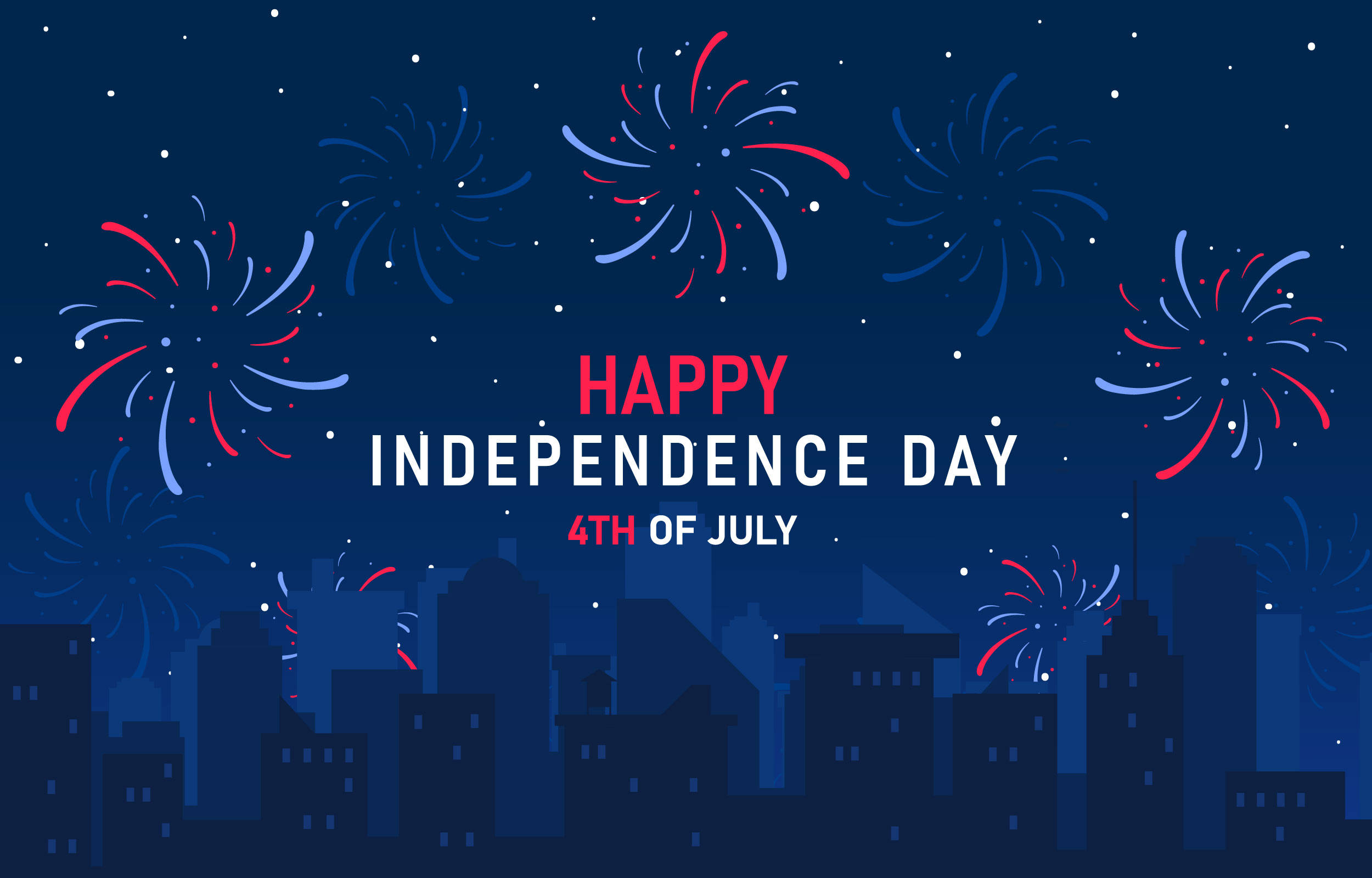 Independence 桌布 壁紙 — 鮮豔的紅色和藍色煙火在黑暗的城市天際線上爆炸，在星空下慶祝獨立日。