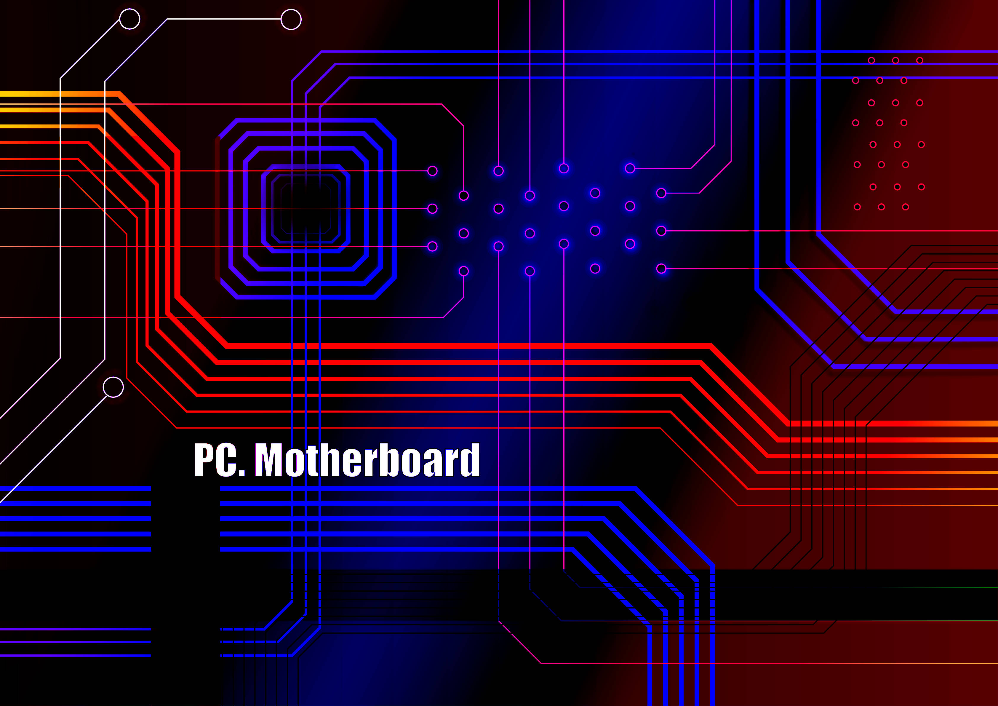 Motherboard 桌布 壁紙 — 鮮豔的紅色和藍色發光電路線條在深色背景上形成未來感的主機板圖案。