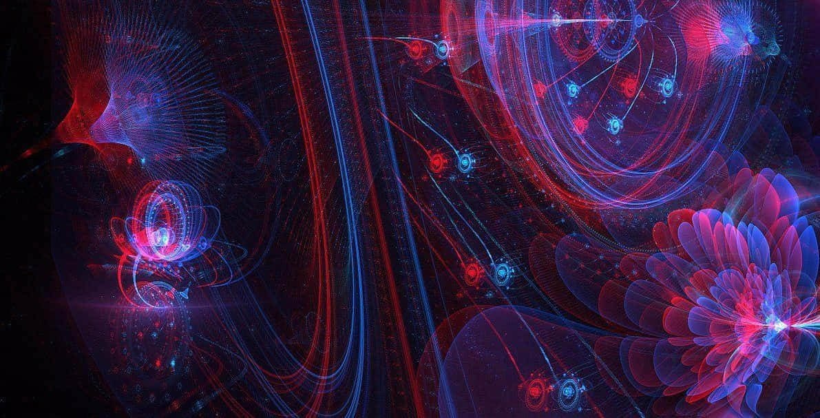 Hologram 桌布 壁紙 — 鮮豔的紅色和藍色碎形圖案在黑暗背景上與發光的節點和宇宙能量一起旋轉。