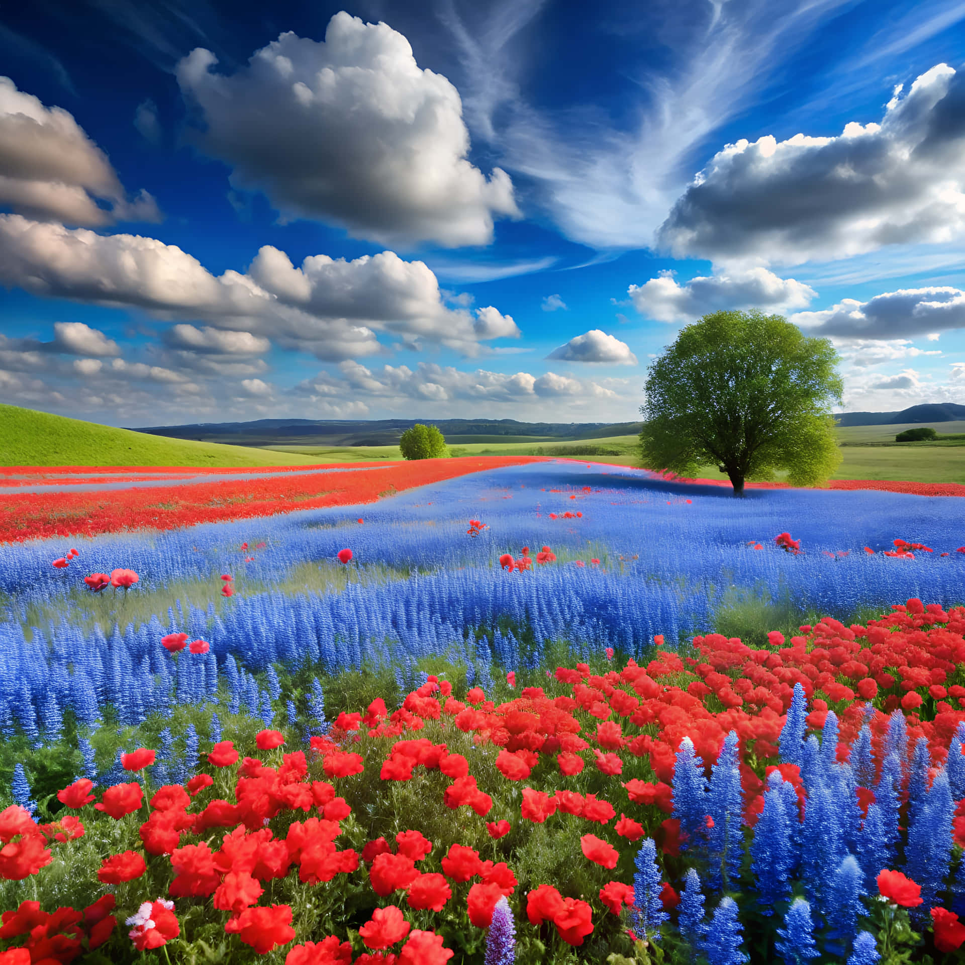Meadow with blue and red flowers 壁紙 — 鮮豔的紅色和藍色花田在動態的天空下起伏，天空中有蓬鬆的白雲和一棵孤獨的綠樹高高聳立。