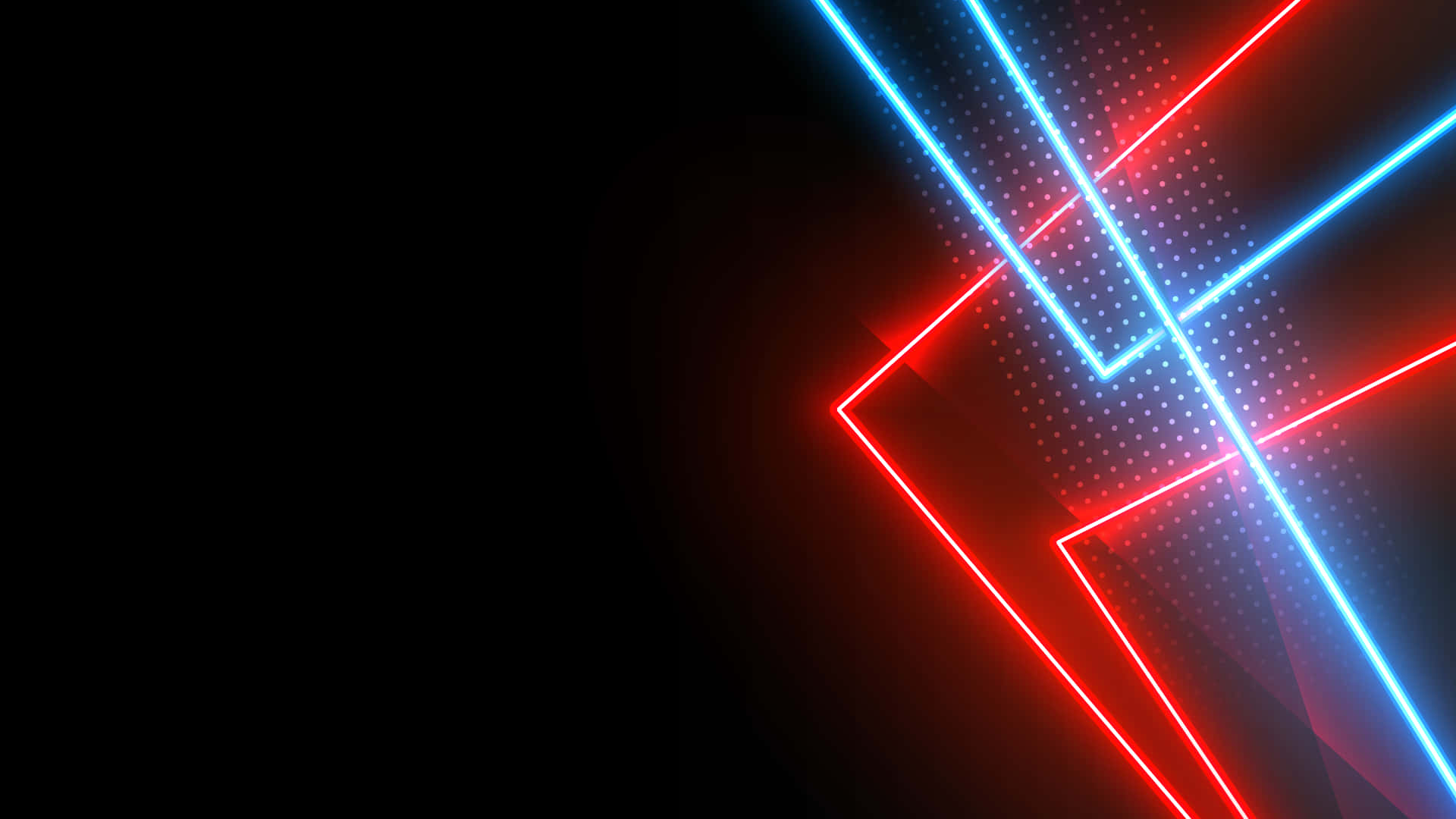 Neon Lights Aesthetic 桌布 壁紙 — 鮮豔的紅色和藍色霓虹線條在黑色背景上交匯，發光的點狀圖案營造出未來感的數位光芒。