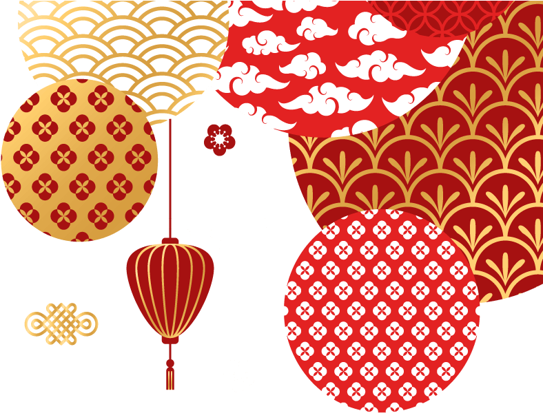 新年 桌布 壁紙 — 鮮豔的紅色和金色圓形圖案，帶有傳統中國元素，在黑色背景上懸掛著燈籠。