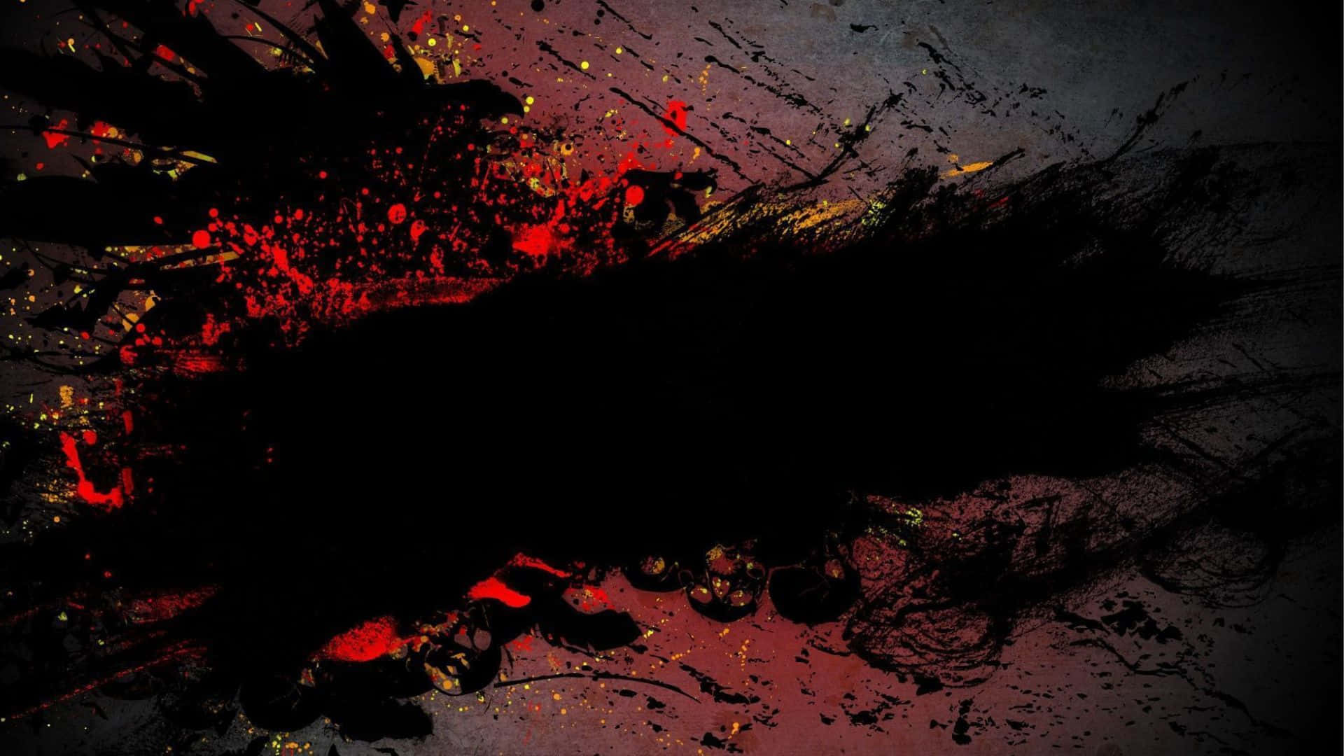 Dark Abstract Art 桌布 壁紙 — 鮮豔的紅色和金色油漆飛濺在深色紋理背景上爆炸，形成混亂的抽象爆發。