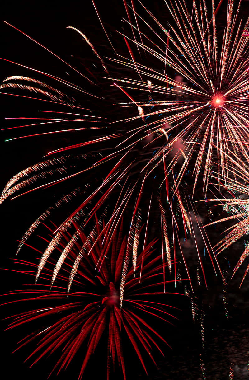 Fireworks 桌布 壁紙 — 鮮豔的紅色和金色煙火在深邃的黑色夜空中綻放出耀眼的光芒。