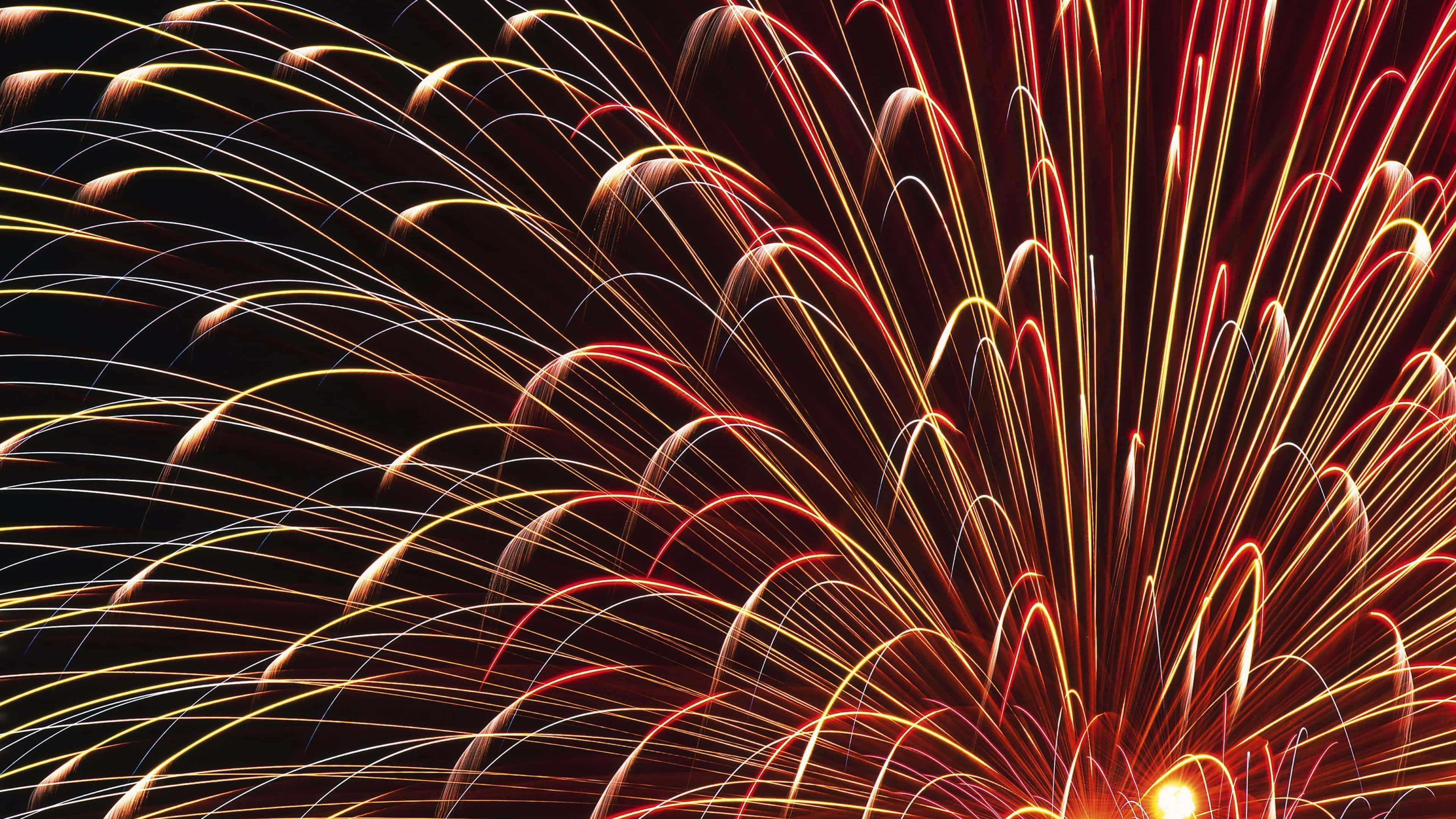 Fireworks 桌布 壁紙 — 鮮豔的紅色和金色煙火在深邃的黑色夜空中爆發出耀眼的光芒。