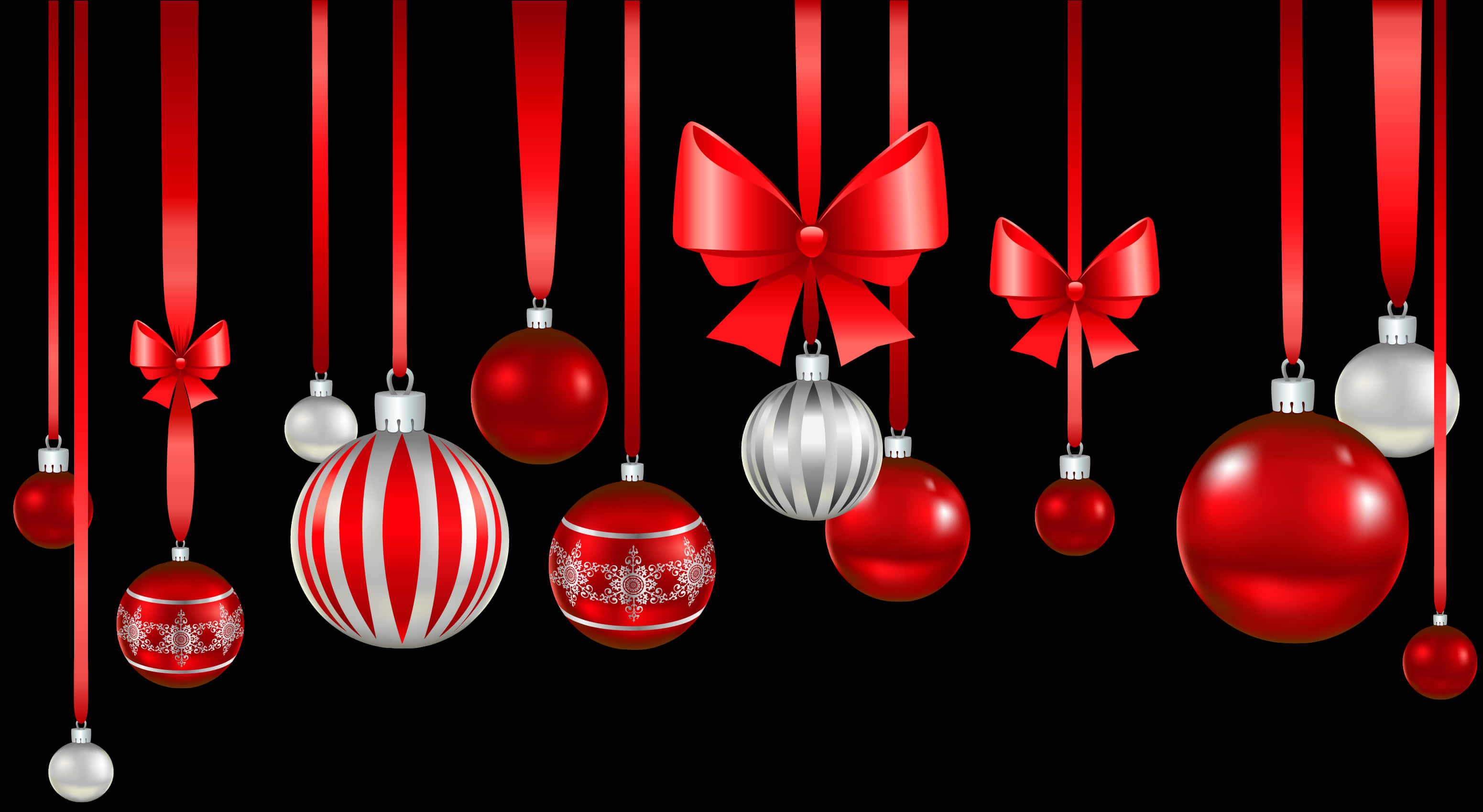 Christmas Ornament 桌布 壁紙 — 鮮豔的紅色和銀色聖誕裝飾品配上蝴蝶結，懸掛在純黑色背景上。