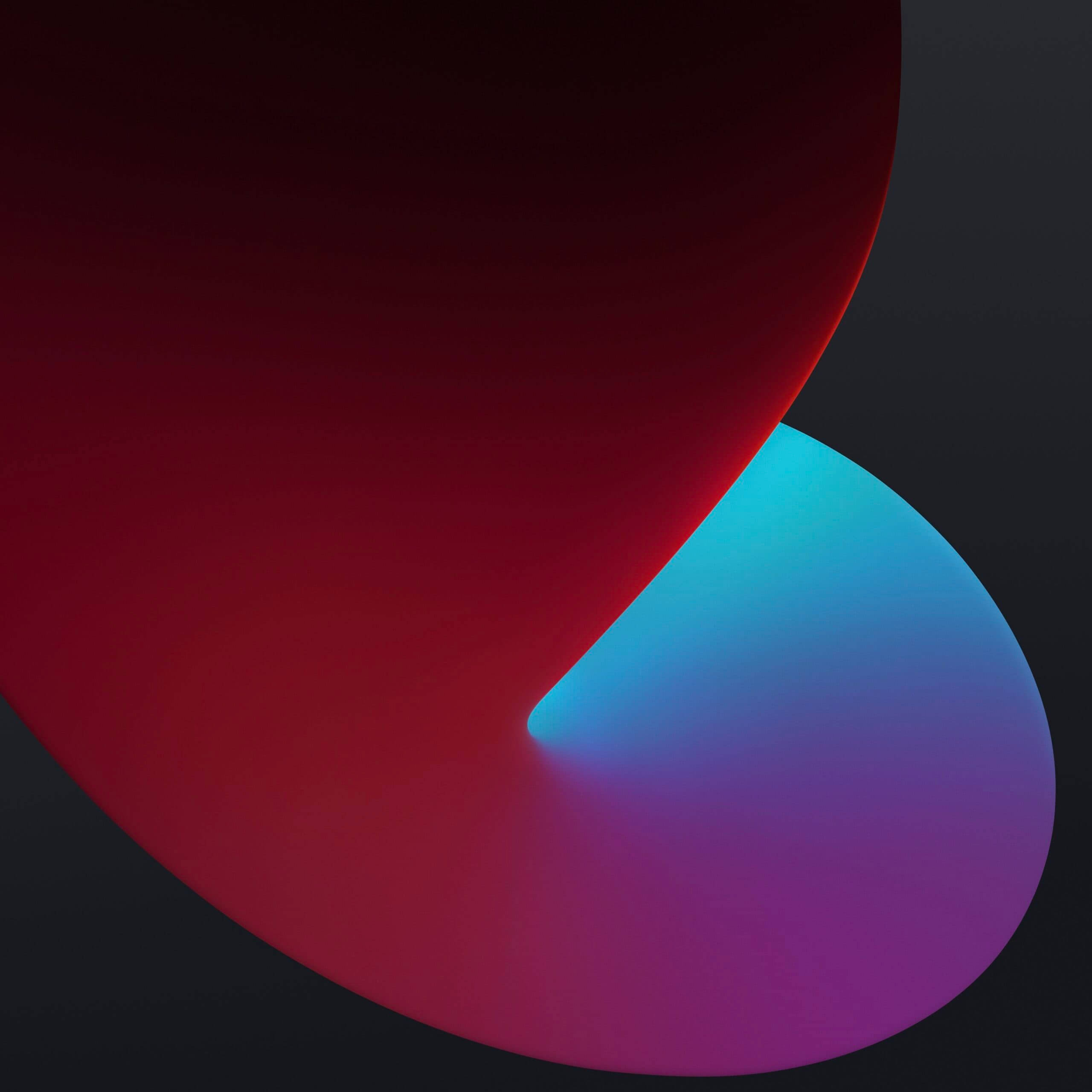 iOS 14 桌布 壁紙 — 鮮豔的紅色和青色抽象形狀在深色背景上彎曲，營造出動態的現代構圖。