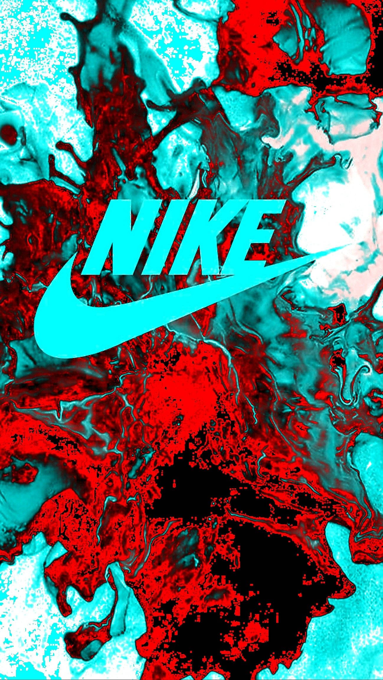 Nike 桌布 壁紙 — 鮮豔的紅色和青色油漆飛濺形成大膽的Nike swoosh標誌的動態背景。