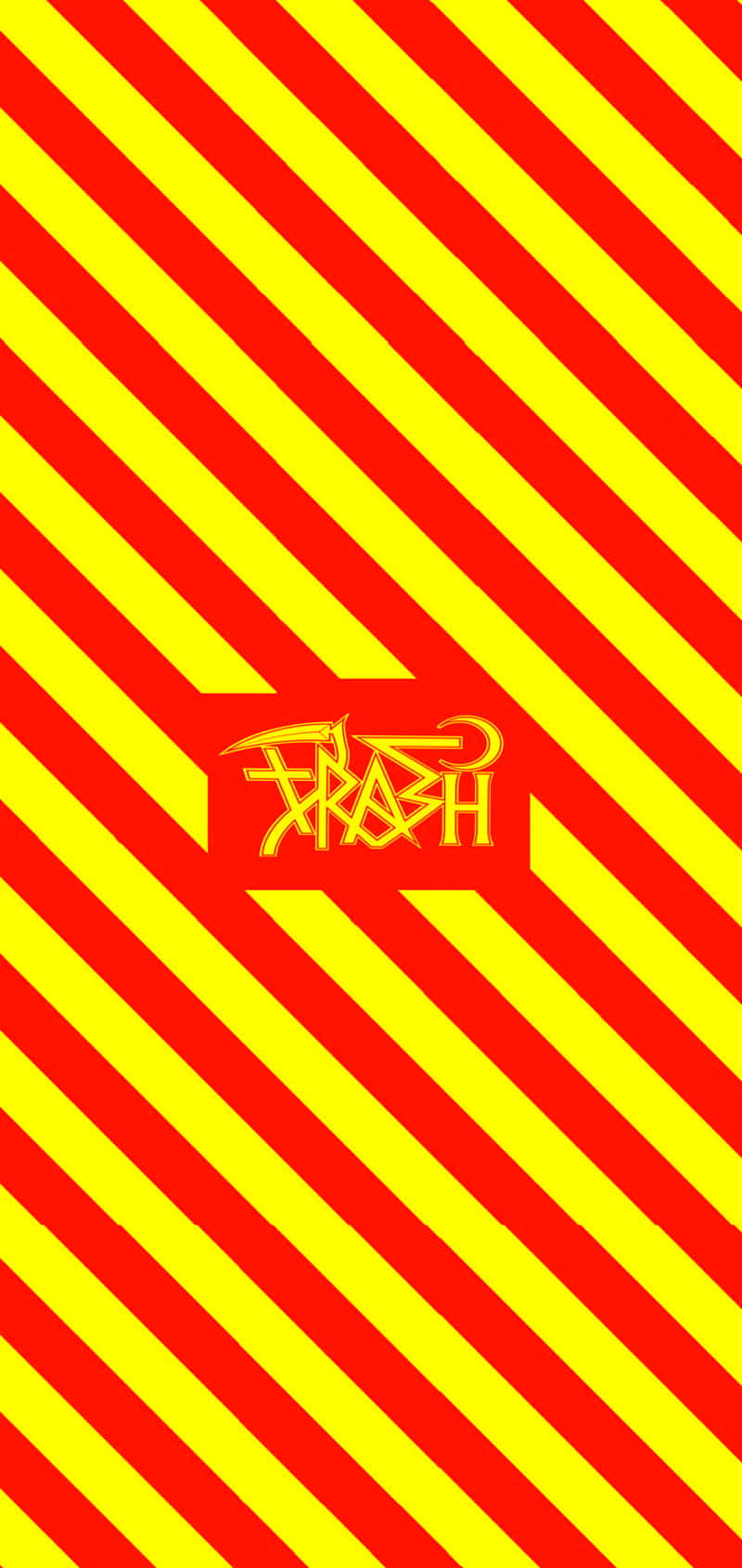 圖案 桌布 壁紙 — 鮮豔的紅色和黃色斜條紋形成大膽的警告圖案，設計中央有一個風格化的「FLASH」標誌。
