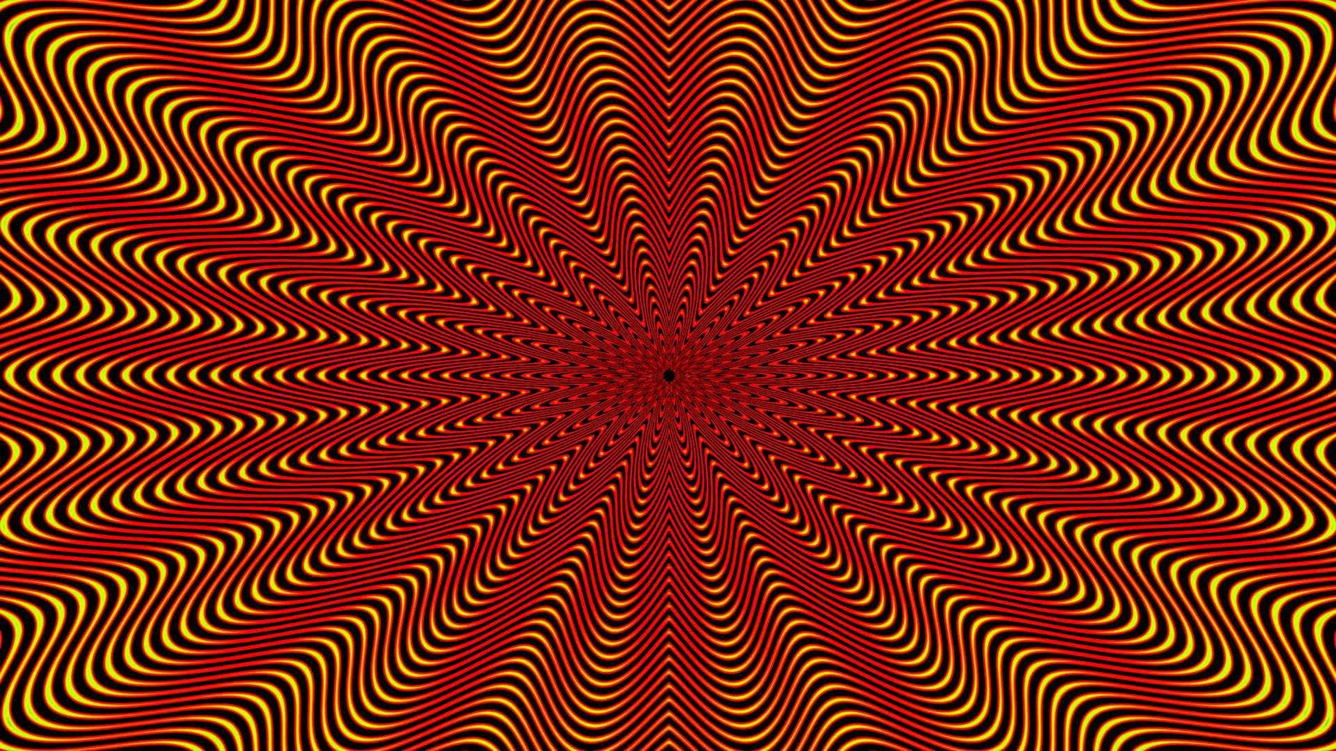 Optical Illusions 桌布 壁紙 — 鮮豔的紅色和黃色波浪線從中心點向外輻射，營造出催眠般的視錯覺。