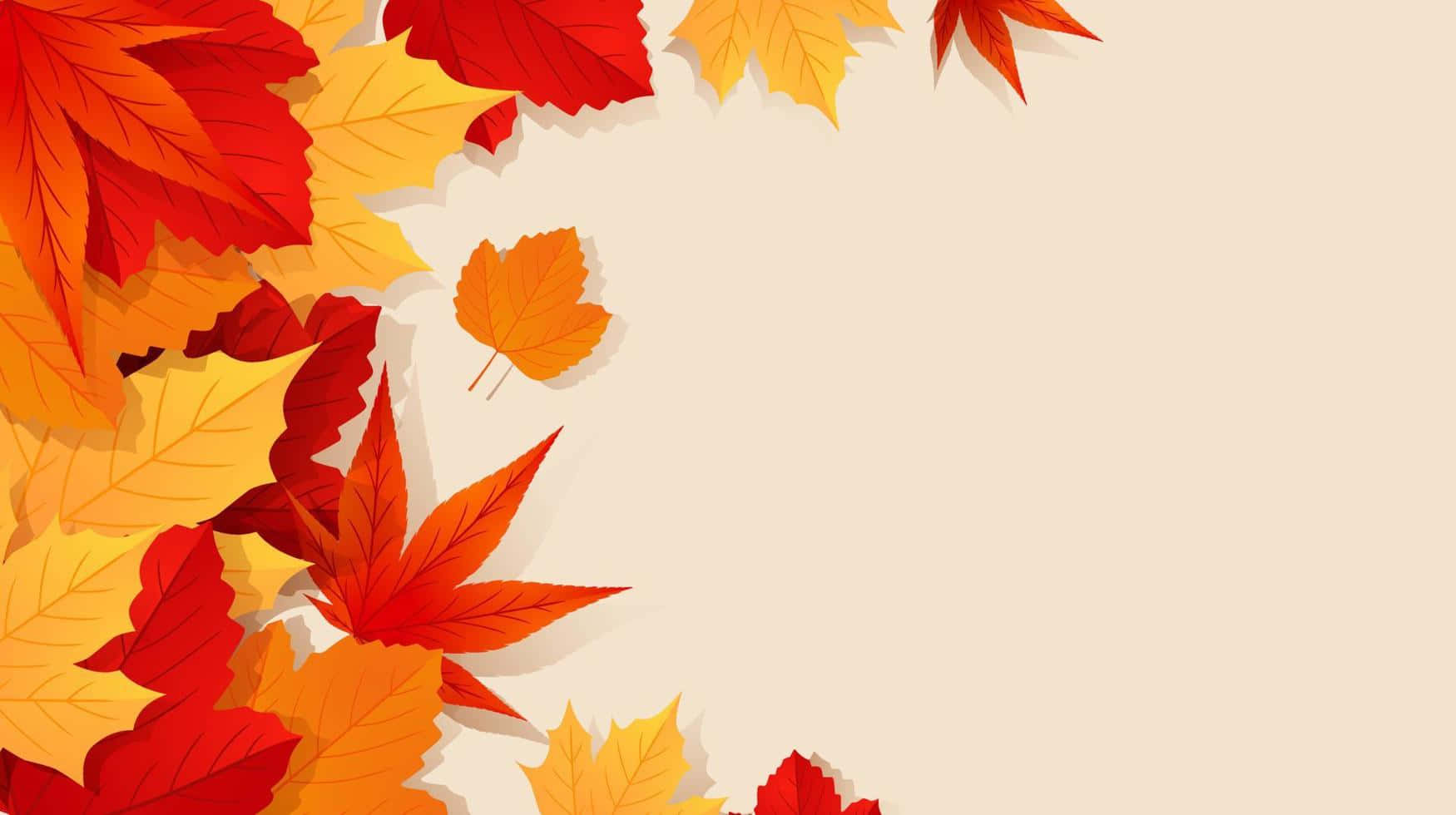 High Resolution Fall 桌布 壁紙 — 鮮豔的紅色和黃色秋葉在柔和的米色背景角落形成框架，這是一幅風格化的數位插圖。
