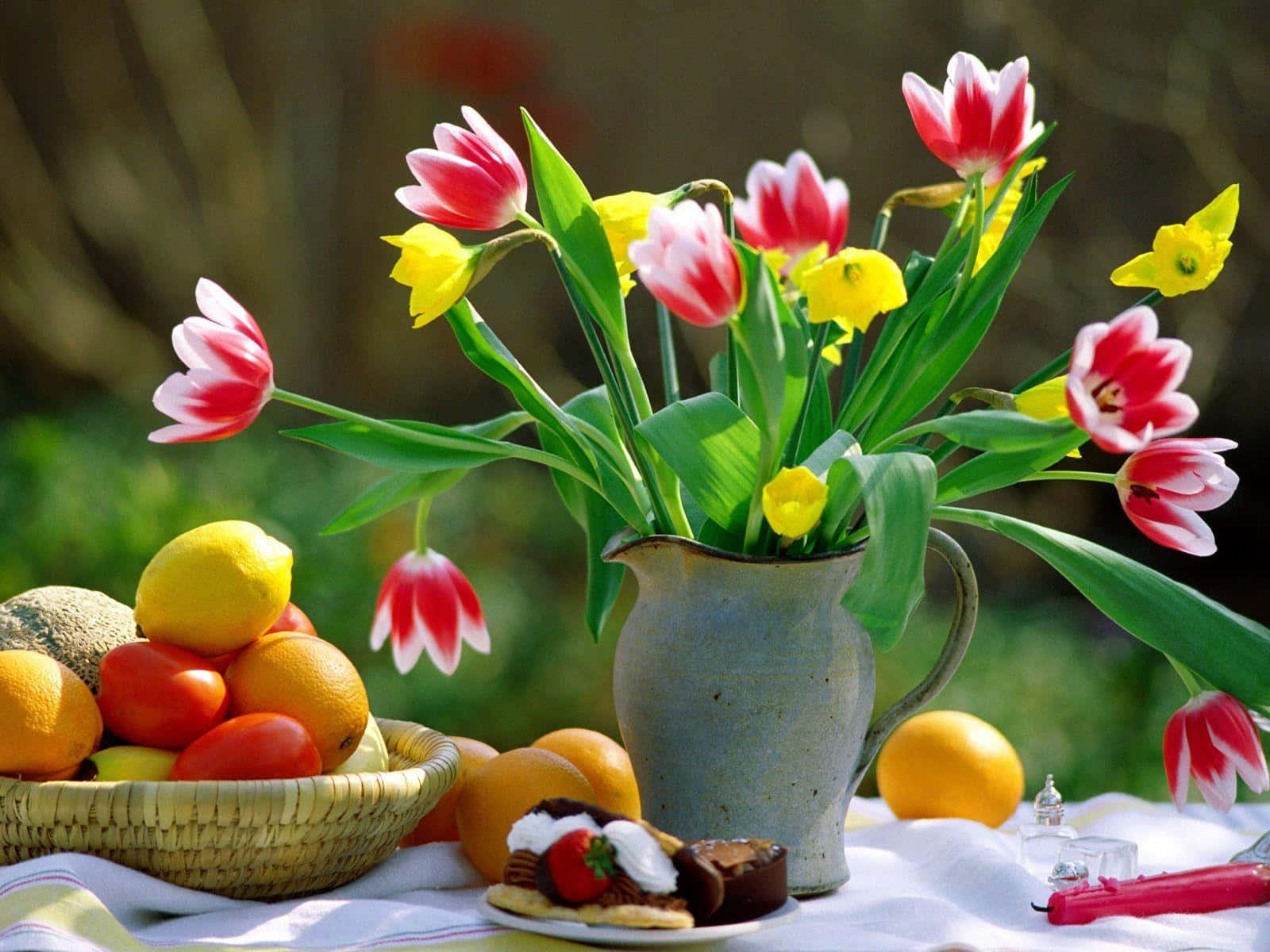 Beautiful Spring 桌布 壁紙 — 鮮豔的紅色和黃色鬱金香及水仙花在一個質樸的水壺中盛開，旁邊有一籃柑橘類水果和一盤甜點，在明亮的陽光下。