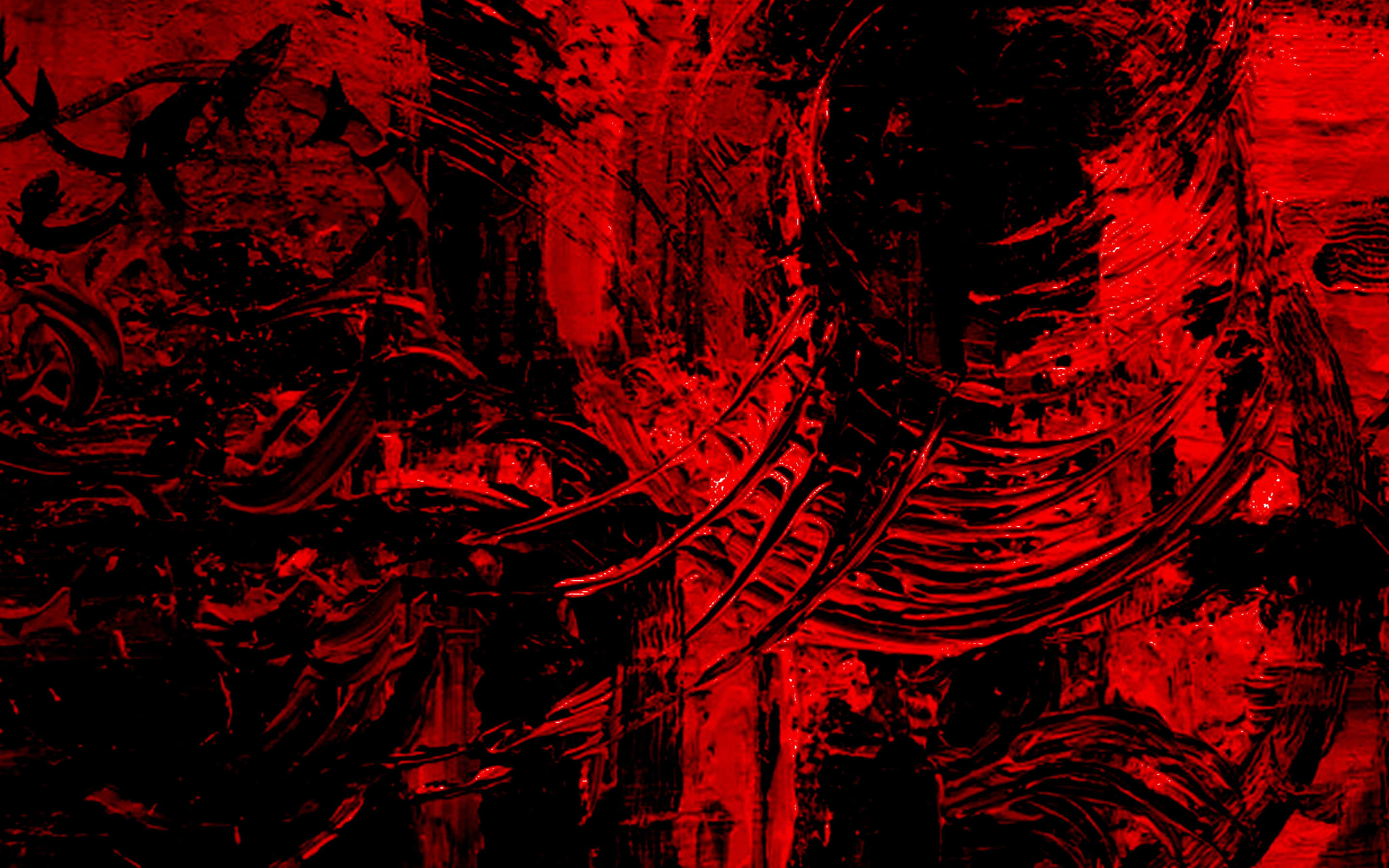 Dark Red Aesthetic 桌布 壁紙 — 鮮豔的紅色和黑色抽象筆觸在畫布上以混亂的強度旋轉。