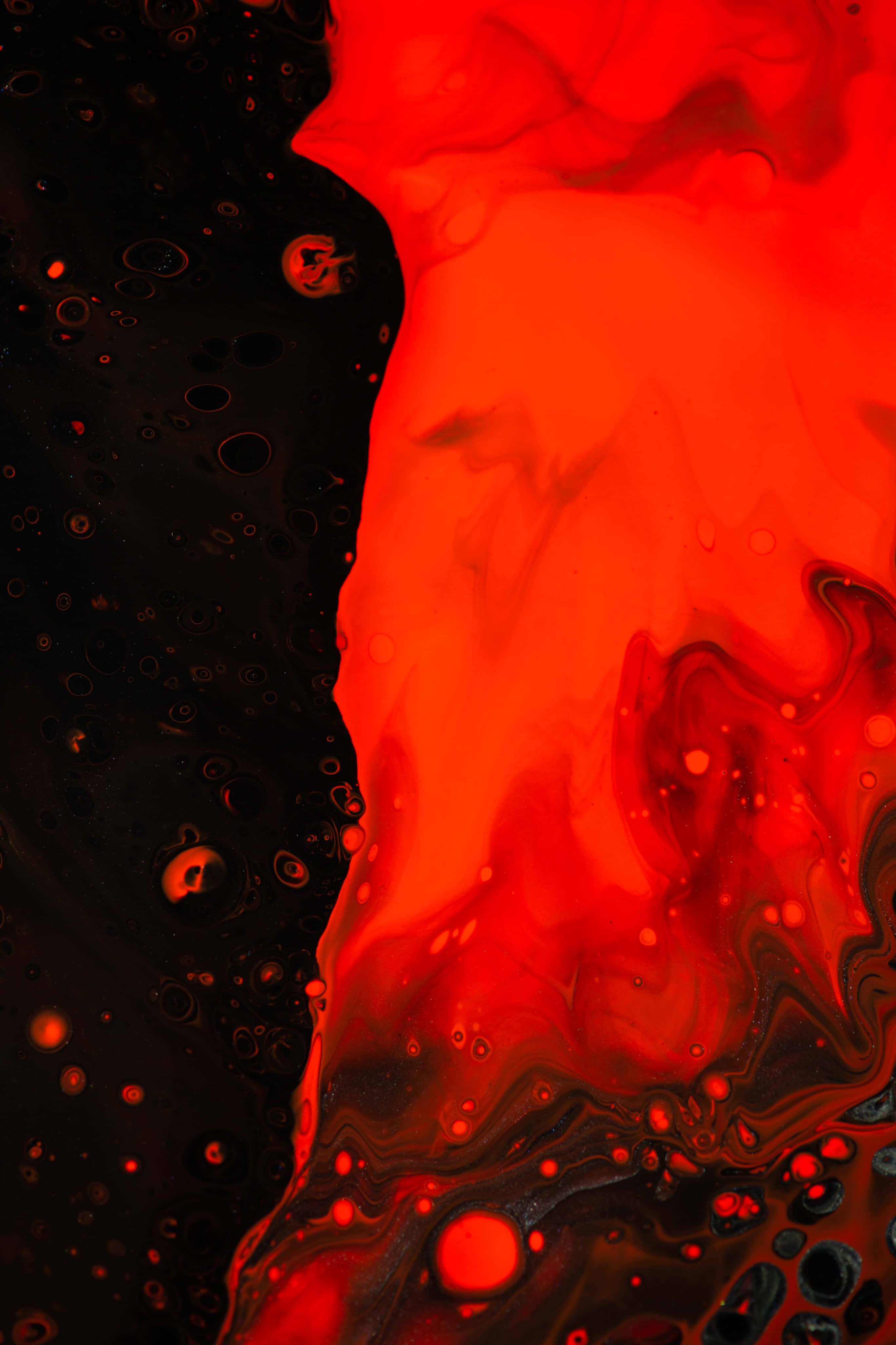 Blood Aesthetic 桌布 壁紙 — 鮮豔的紅色和黑色液體顏料在戲劇性的抽象構圖中旋轉，帶有光澤氣泡。