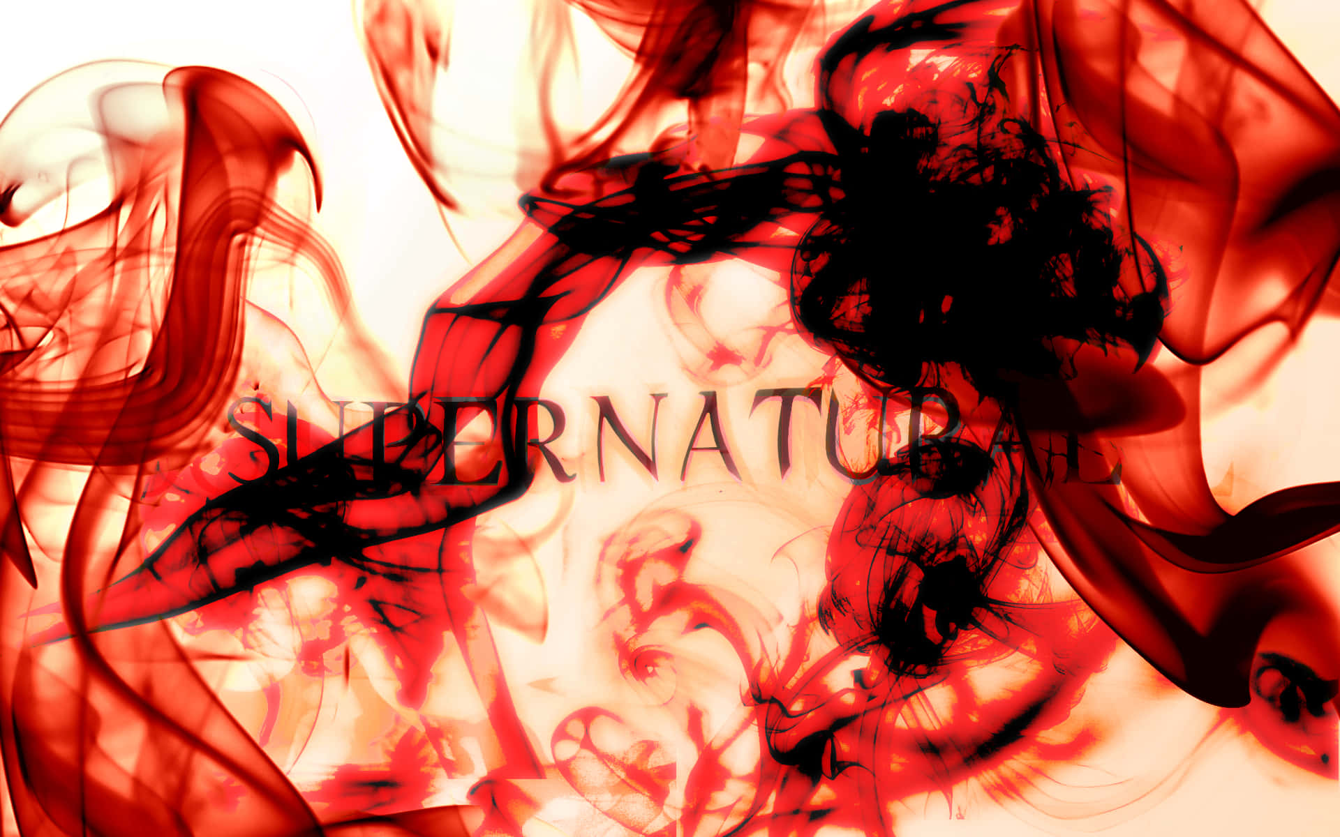 桌布 壁紙 — 鮮豔的紅色和黑色煙霧在發光背景前圍繞「SUPERNATURAL」一詞動態旋轉。