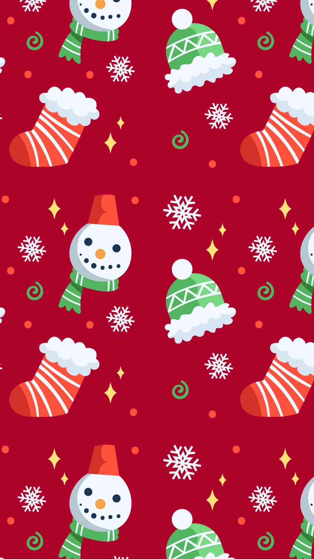 Christmas Pattern 桌布 壁紙 — 鮮豔的紅色壁紙，圖案包括雪人、帽子、襪子、雪花和漩渦，營造節日歡樂氣氛。