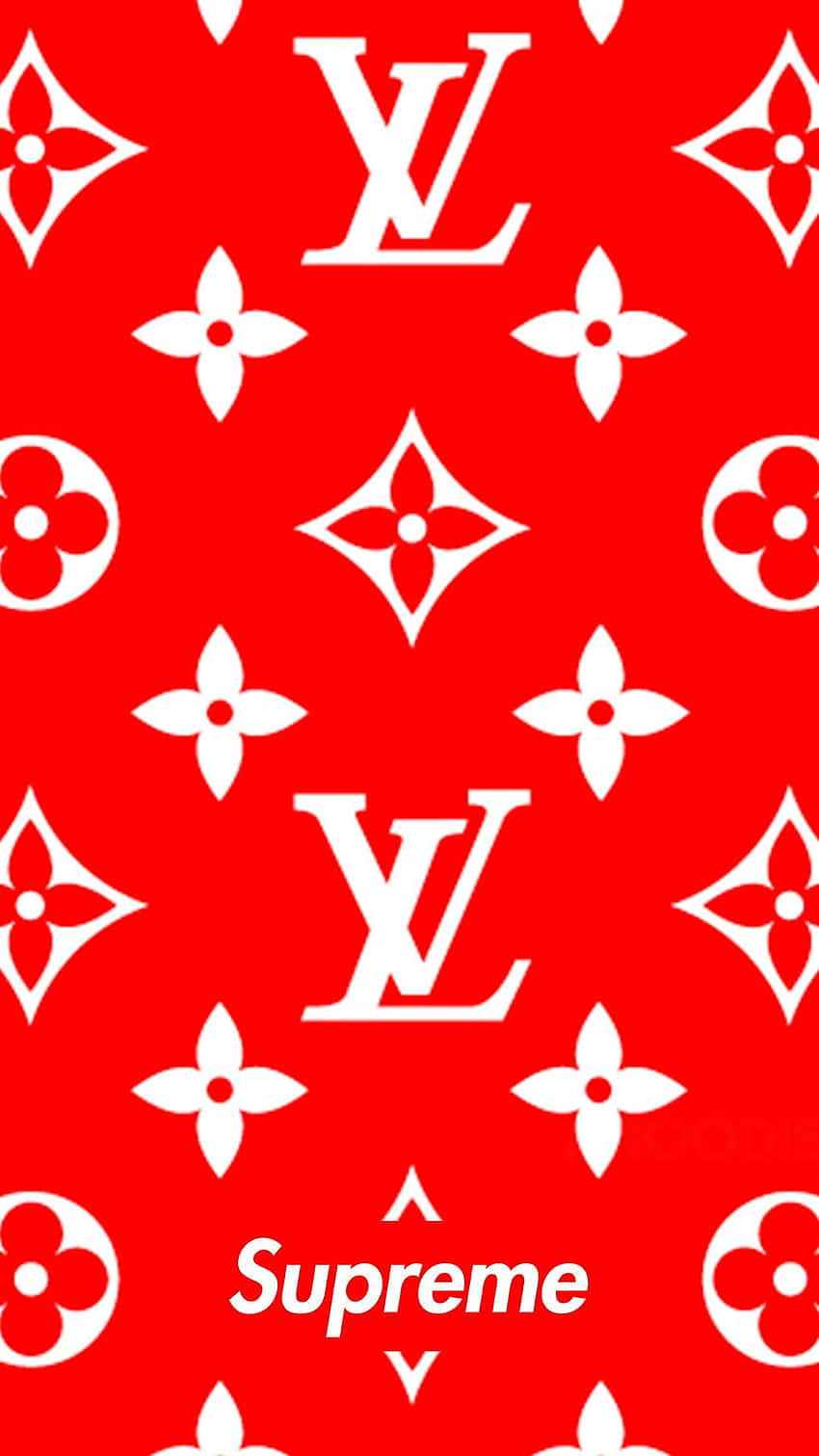 桌布 壁紙 — 鮮豔的紅色壁紙，帶有重複的白色 Louis Vuitton 字母圖案和花卉圖案，底部有 Supreme 標誌。