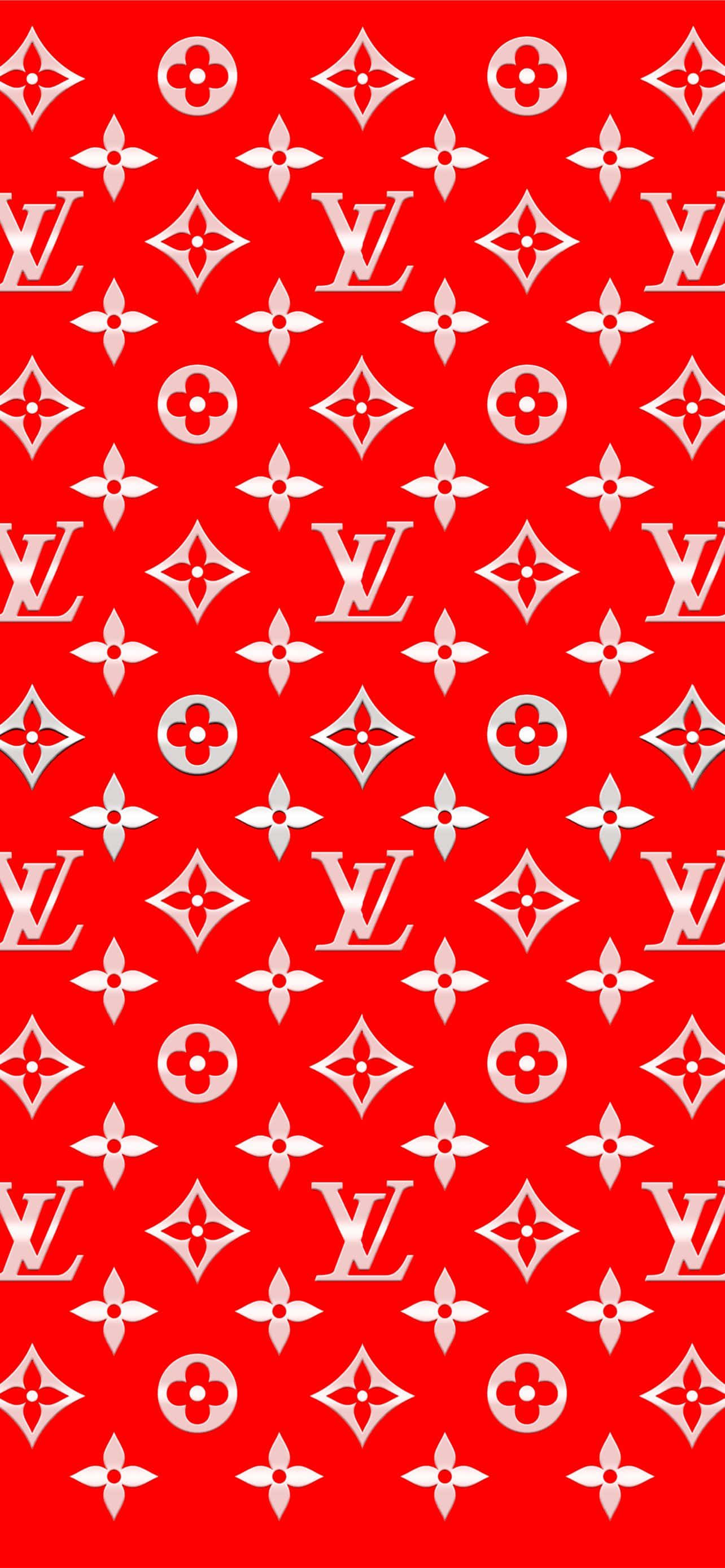 Louis Vuitton Pattern 桌布 壁紙 — 鮮豔的紅色壁紙，帶有重複的白色Louis Vuitton字母組合和花卉圖案，採用大膽的幾何圖案。