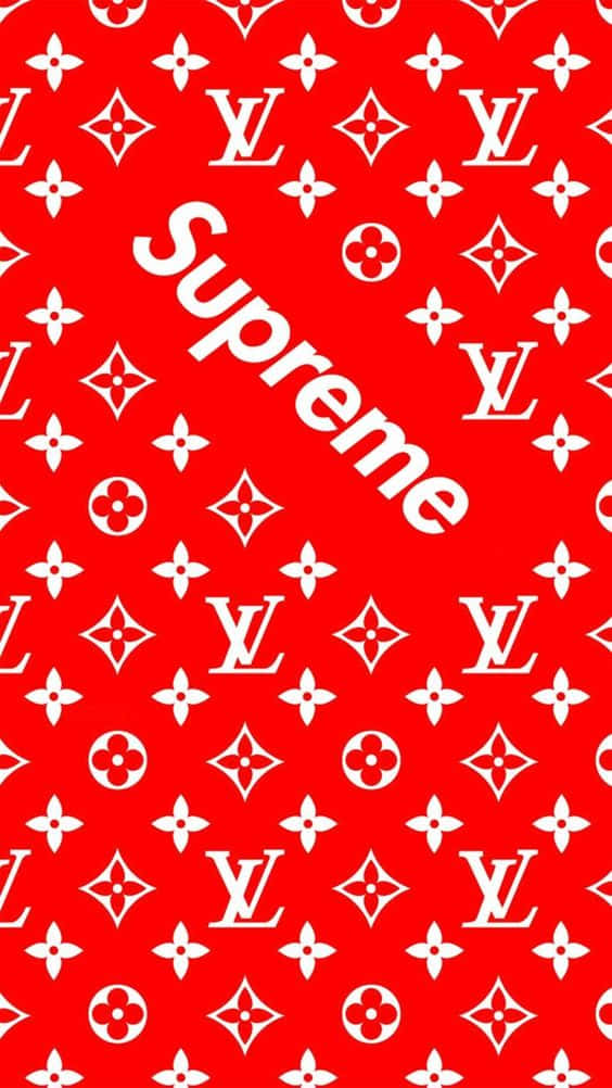 桌布 壁紙 — 鮮豔的紅色壁紙，帶有重複的白色Louis Vuitton字母組合和對角Supreme標誌。