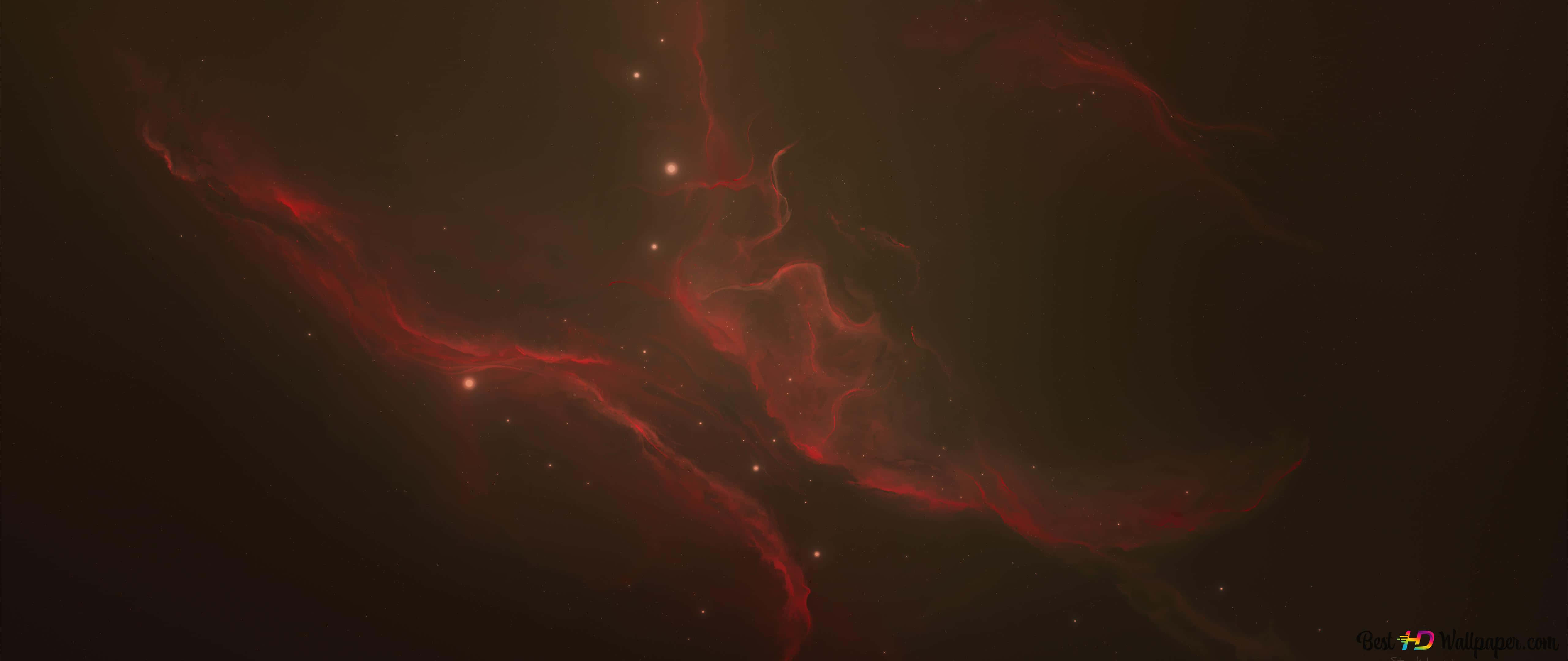 紅色動圖 桌布 壁紙 — 鮮豔的紅色宇宙星雲，帶有發光的絲狀結構和散落的星星，背景是黑暗虛空。