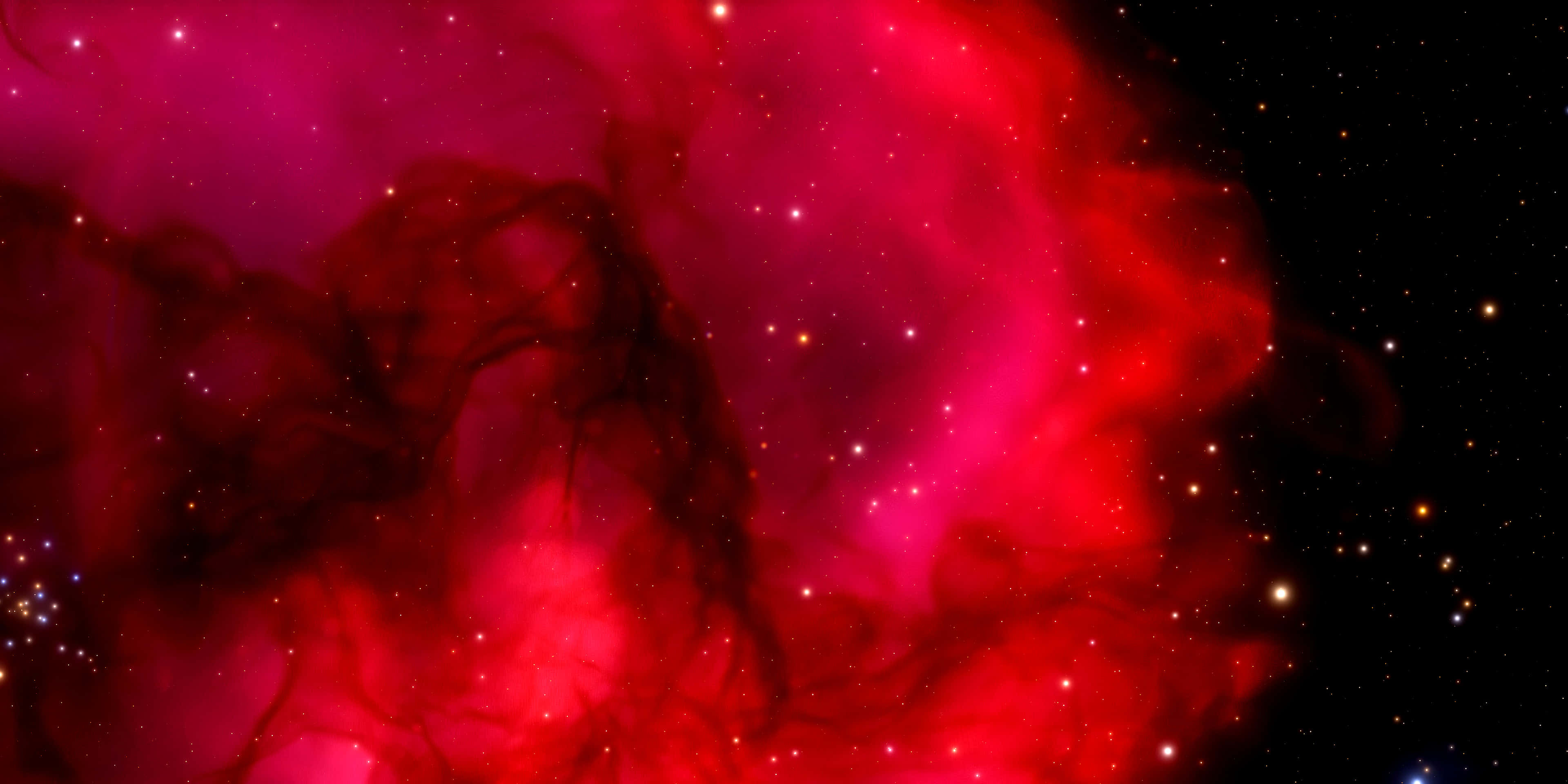 桌布 壁紙 — 鮮豔的紅色宇宙星雲，發光的星星在深邃的黑色太空背景下旋轉。