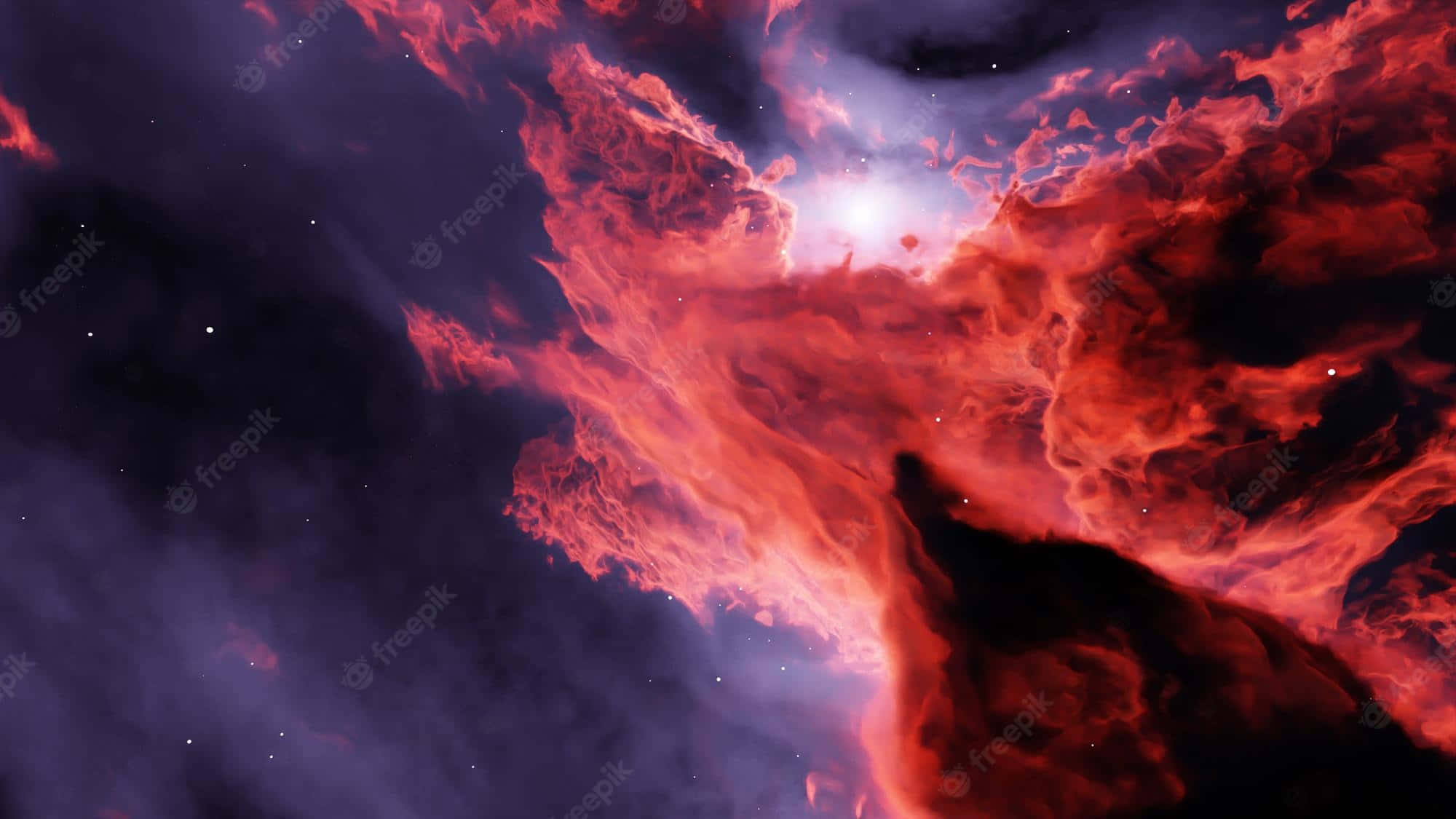 Red Space 桌布 壁紙 — 鮮豔的紅色宇宙雲層在繁星點點的深紫色太空背景下戲劇性地旋轉，中央有明亮的光源。