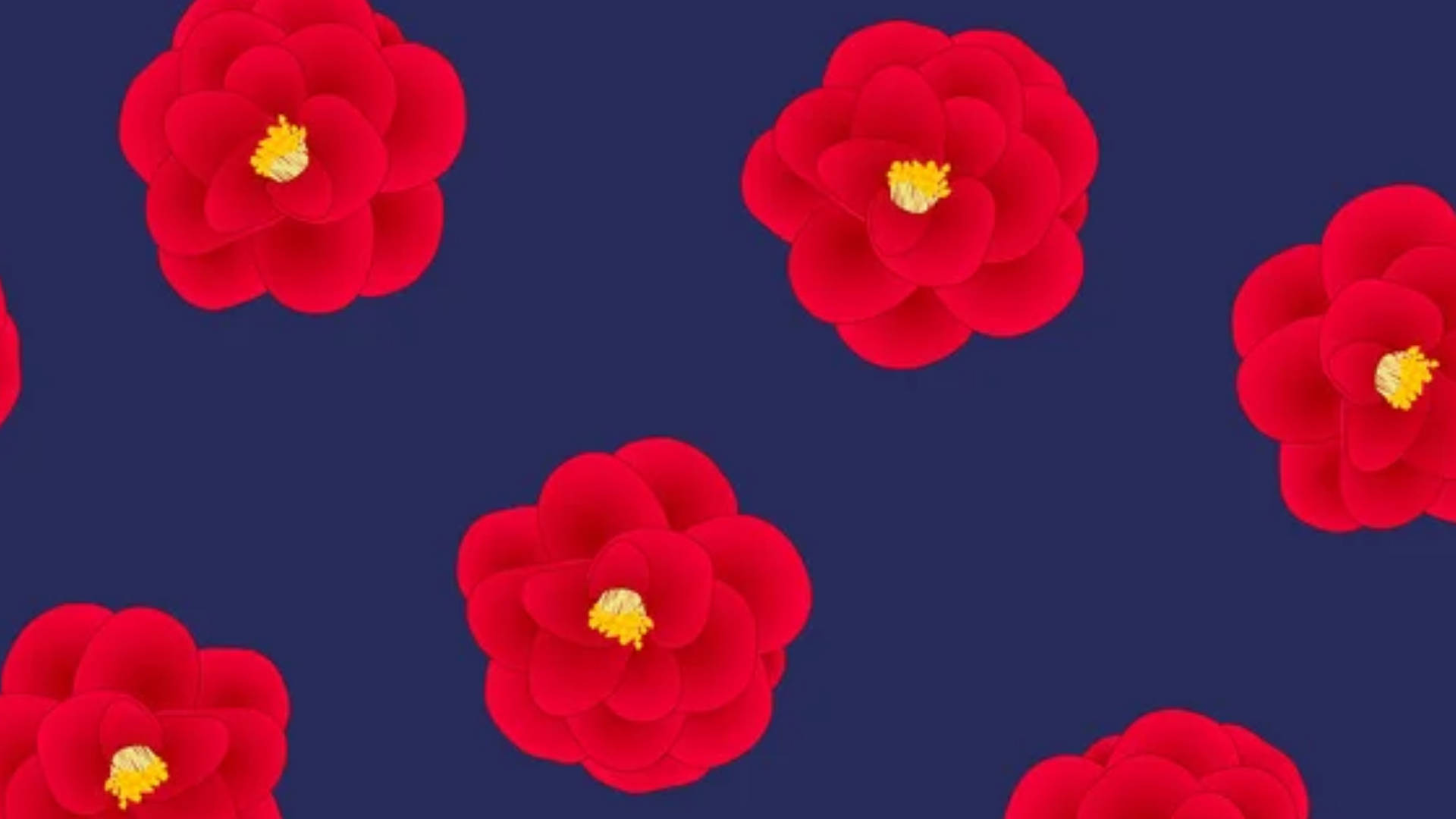 Camellia 桌布 壁紙 — 鮮豔的紅色山茶花帶有黃色花心，在深海軍藍背景上以重複圖案漂浮。